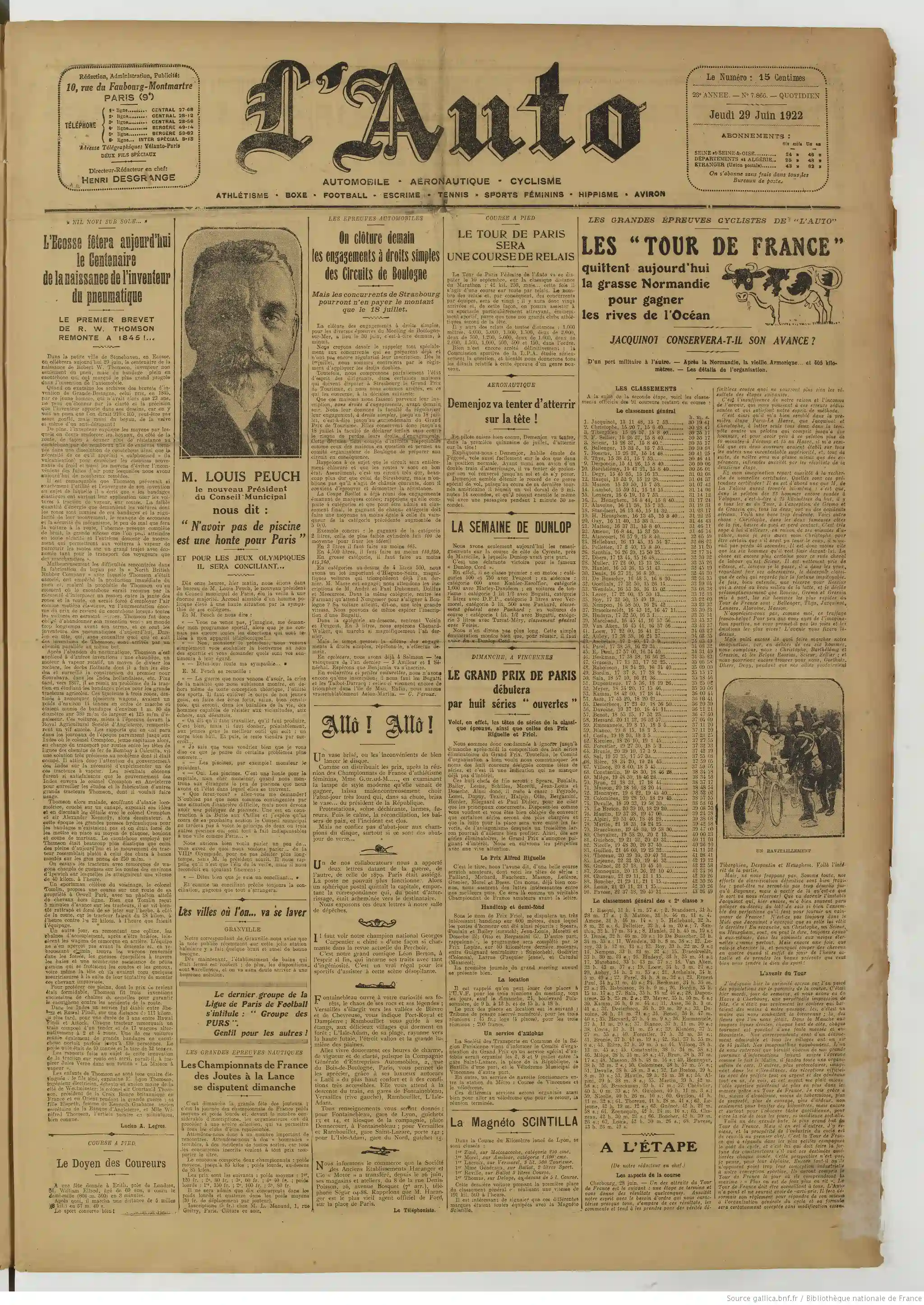 LAuto vélo édition du 29 juin 1922 la une scandale Paris sans piscines 1 05
