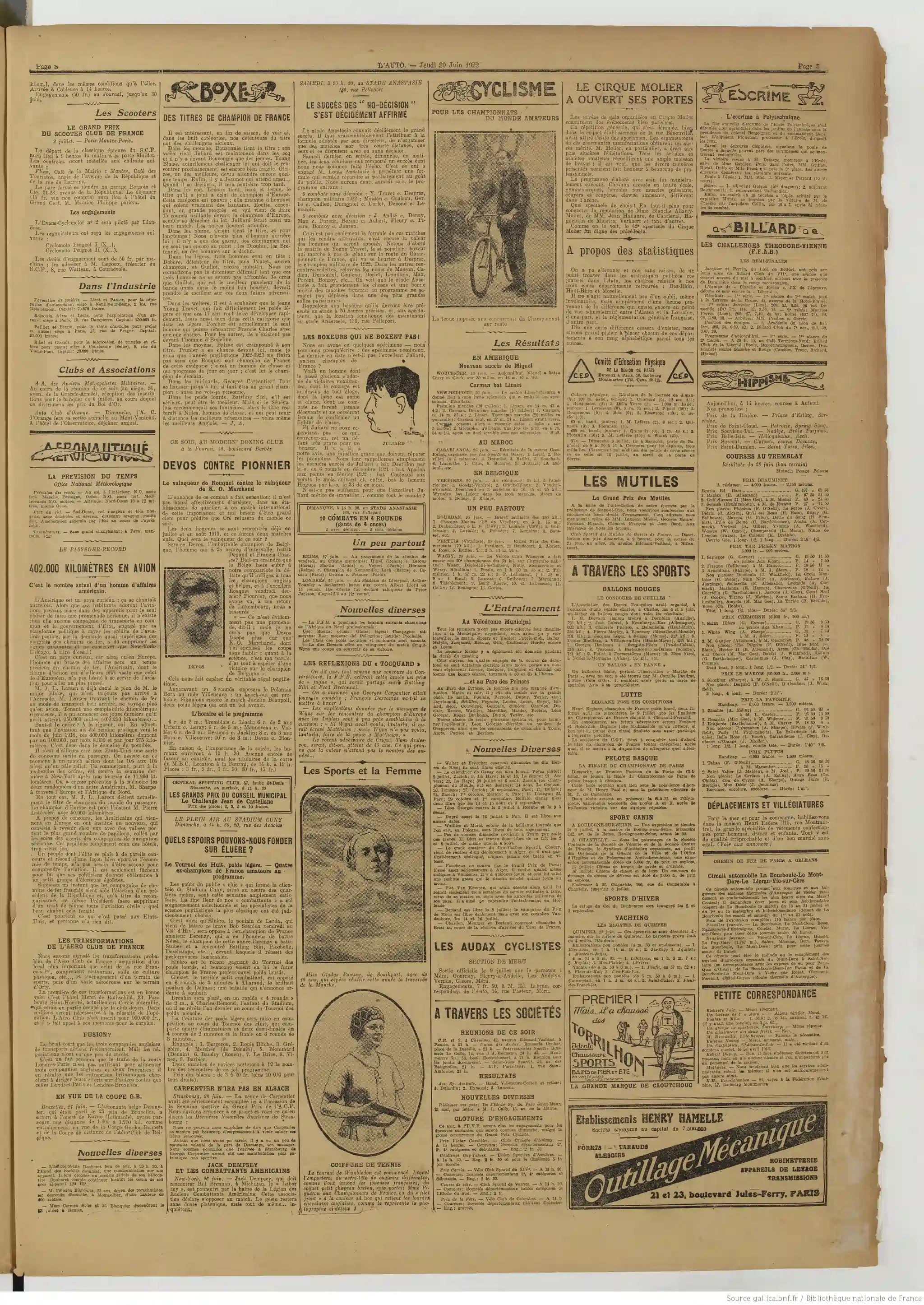 LAuto vélo édition du 29 juin 1922 page un Américain 420 mille kilomètres en avion 1 05