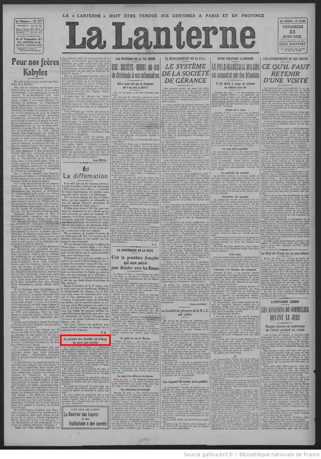 La Lanterne édition du 23 juin 1922 les fusillés de Flirey la une page 01