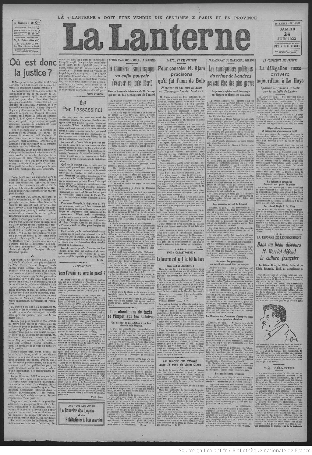 La Lanterne édition du 24 juin 1922 la une 2 05