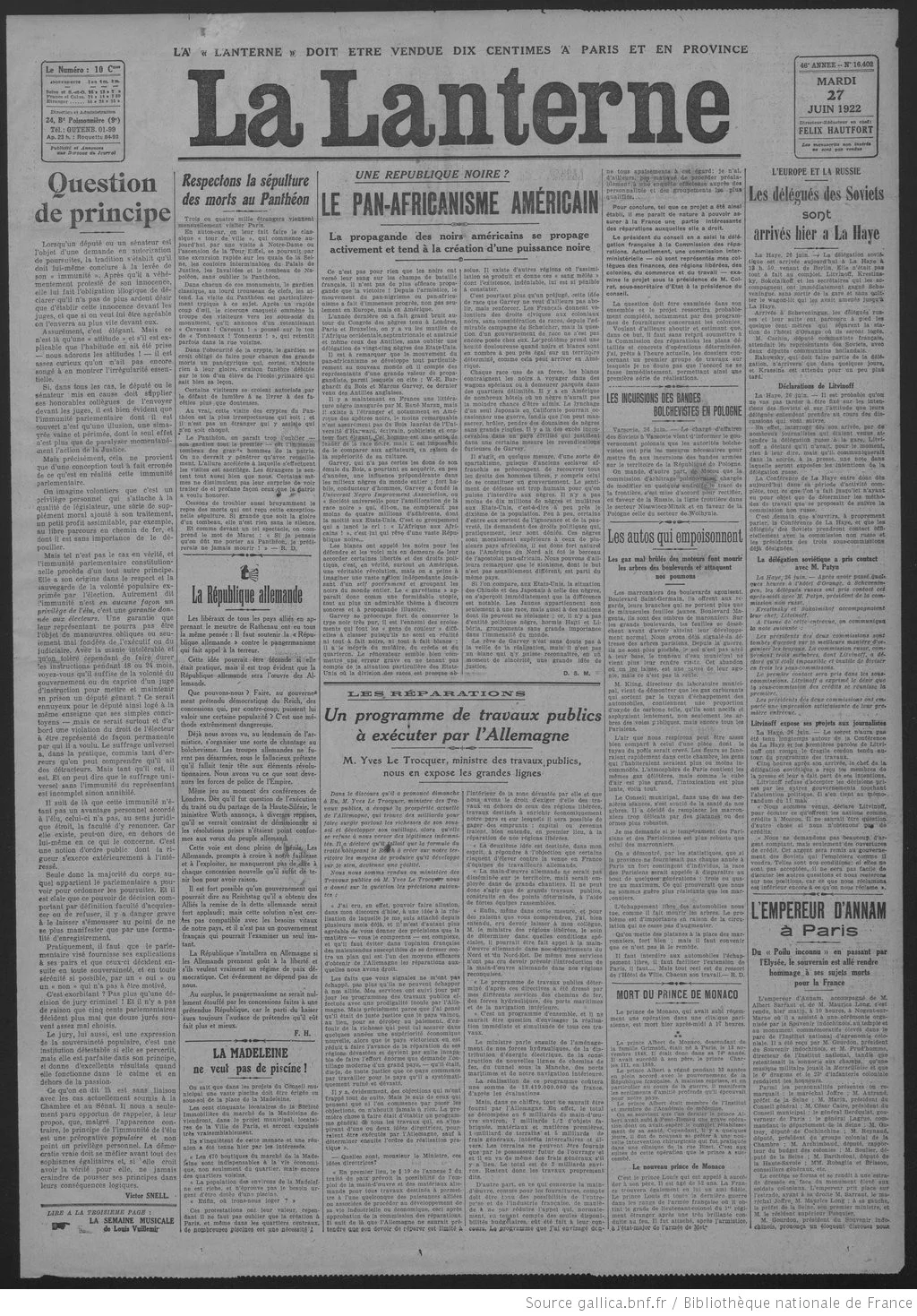 La Lanterne édition du 27 juin 1922 la une pollution des véhicules automobiles 1 05