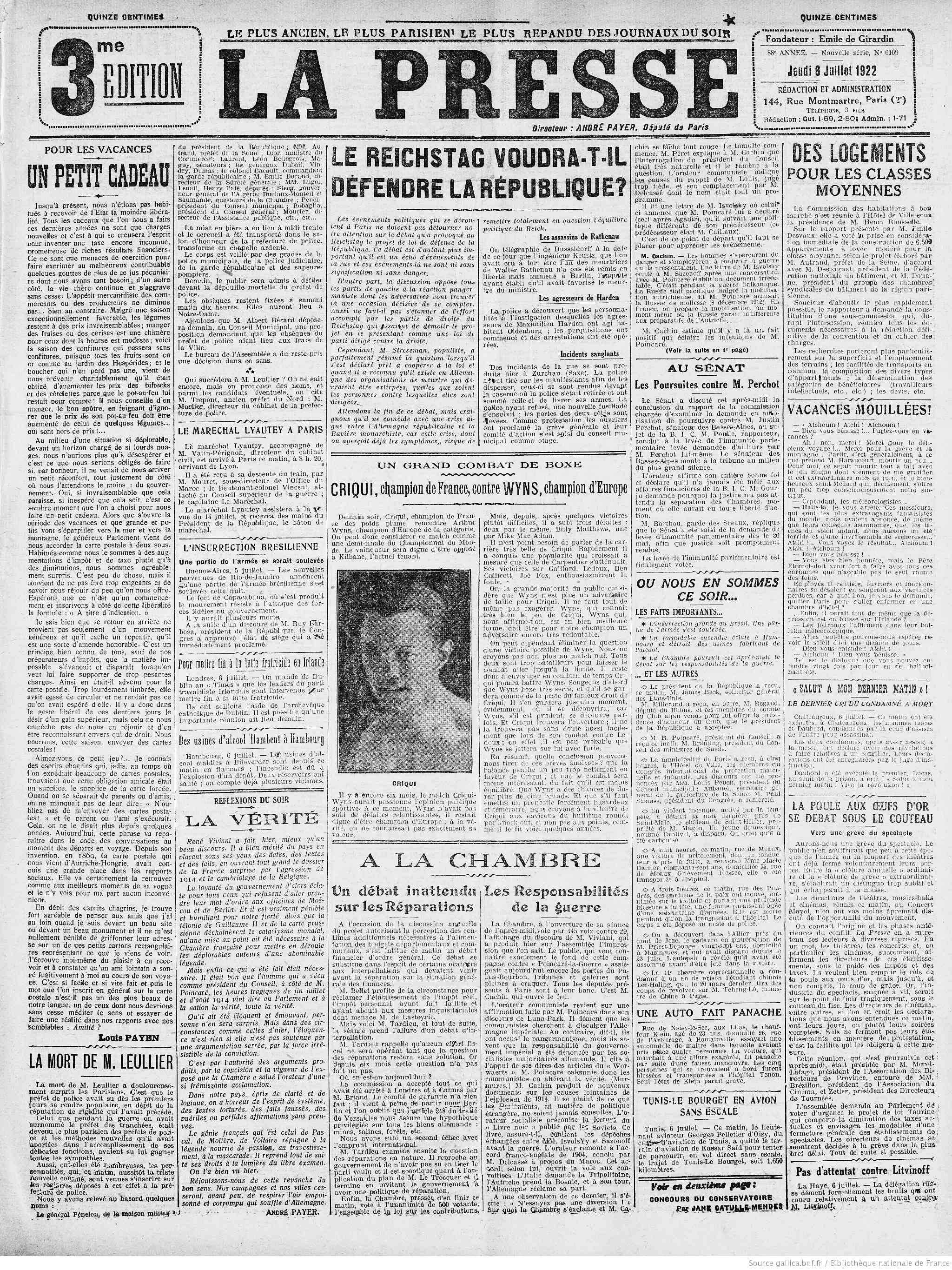 La Presse édition du 06 juillet 1922 la une un cadeau pour les vacances 1 05 2