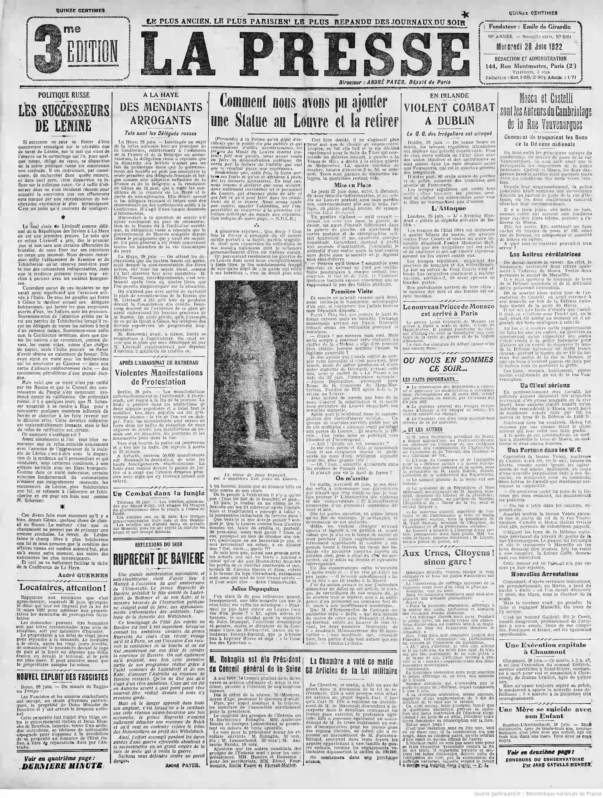 La Presse édition du 28 juin 1922 la une la statue du musée du Louvre 1 05