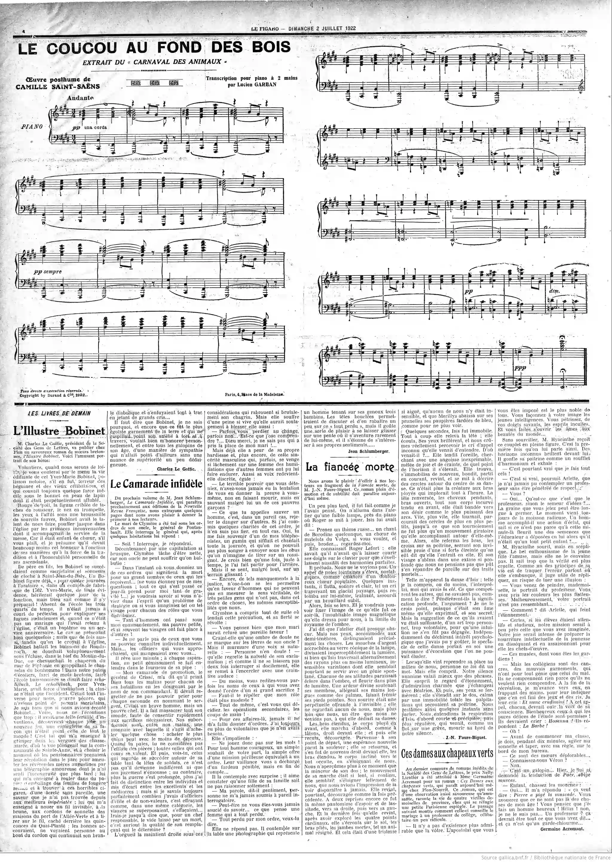 Le Figaro édition du 02 juillet 1922 page partition le coucou le carnaval des animaux camille Saint Saens 4 05