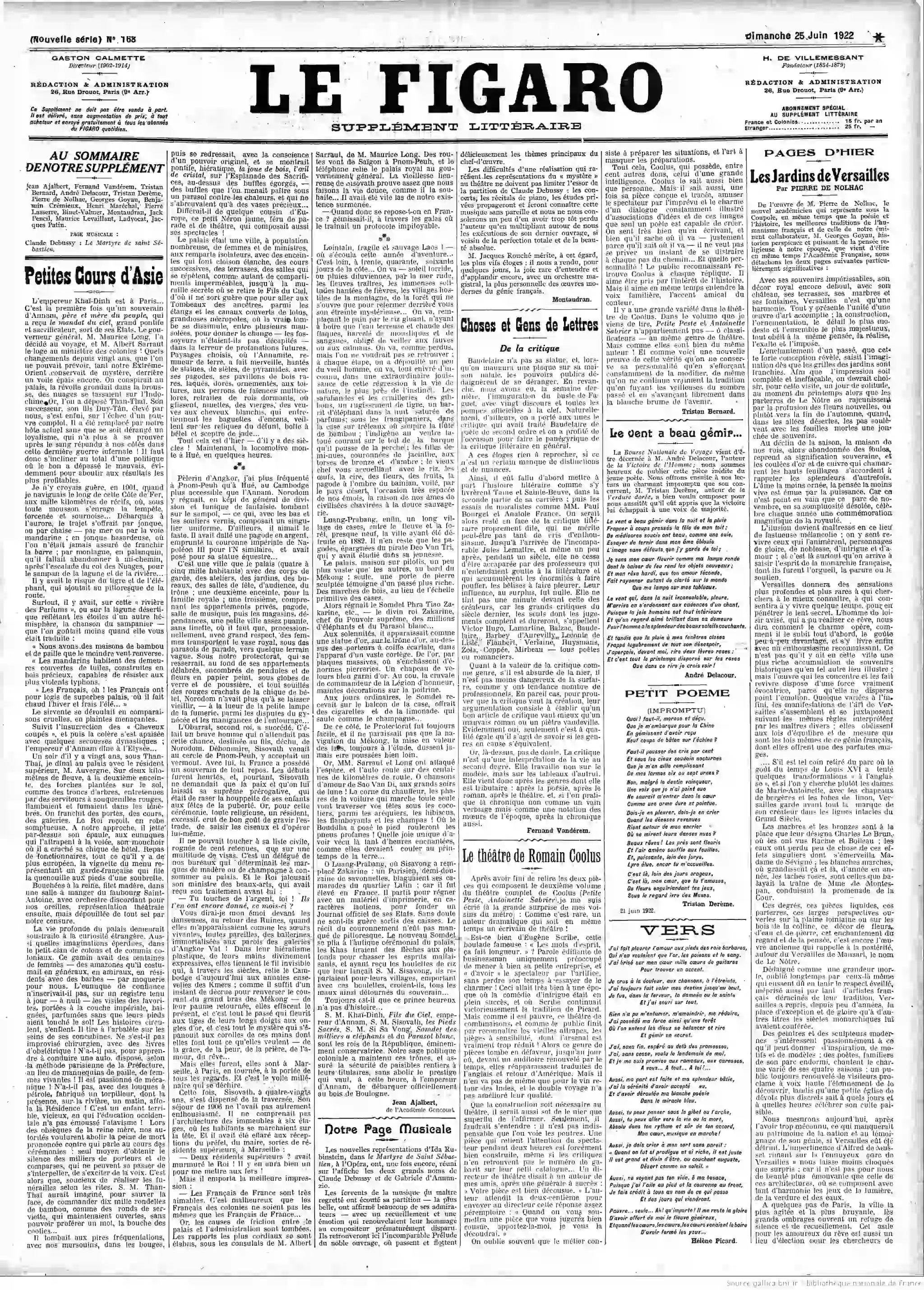 Le Figaro édition du 25 juin 1922 la une partition 4 05 05