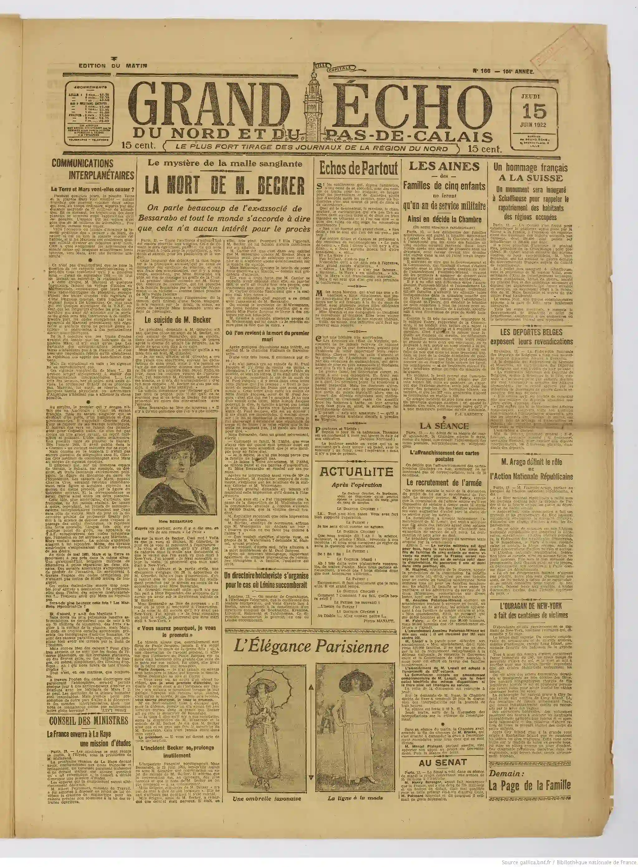 Le Grand écho du Nord du 15 juin 1922 la une 1 05