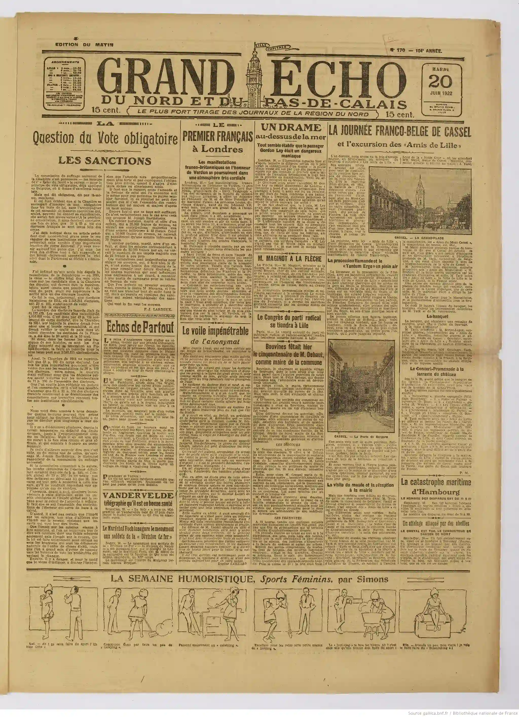 Le Grand écho du Nord du 20 juin 1922 la une 01 05 1