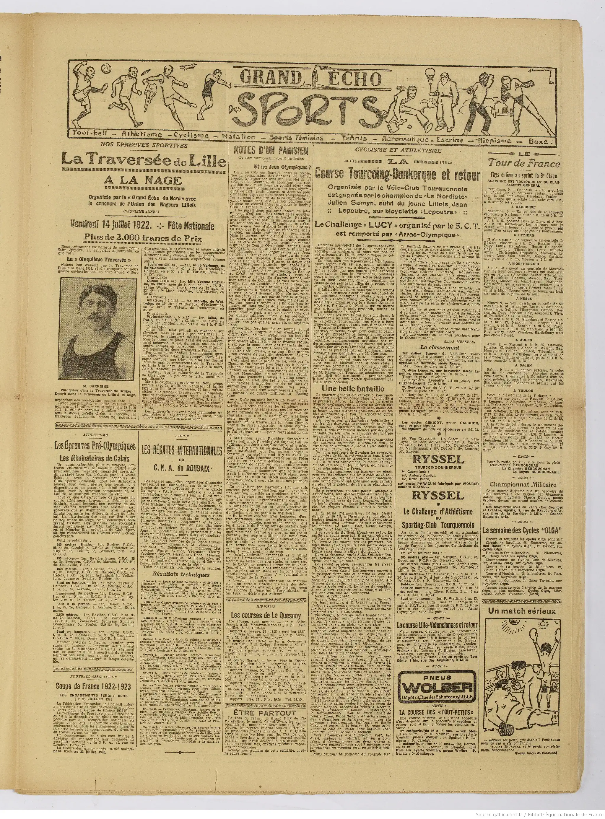 Le Grand écho du Nord édition du 11 juillet 1922 la page les jeux olympiques P3