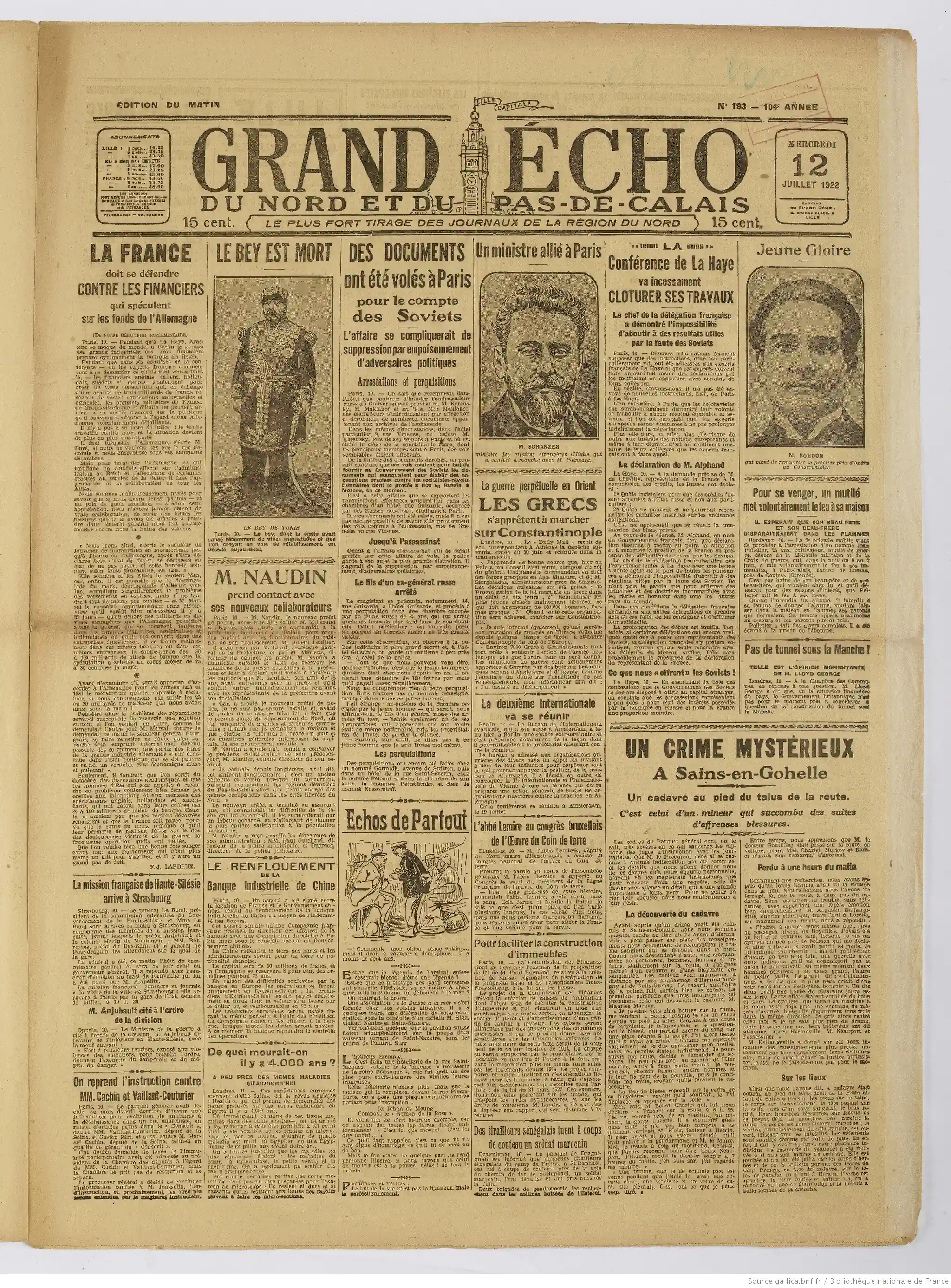 Le Grand écho du Nord édition du 12 juillet 1922 la une dessin humoristique un controleur de train demande le prix d une place entière au propriétaire d un chien P1