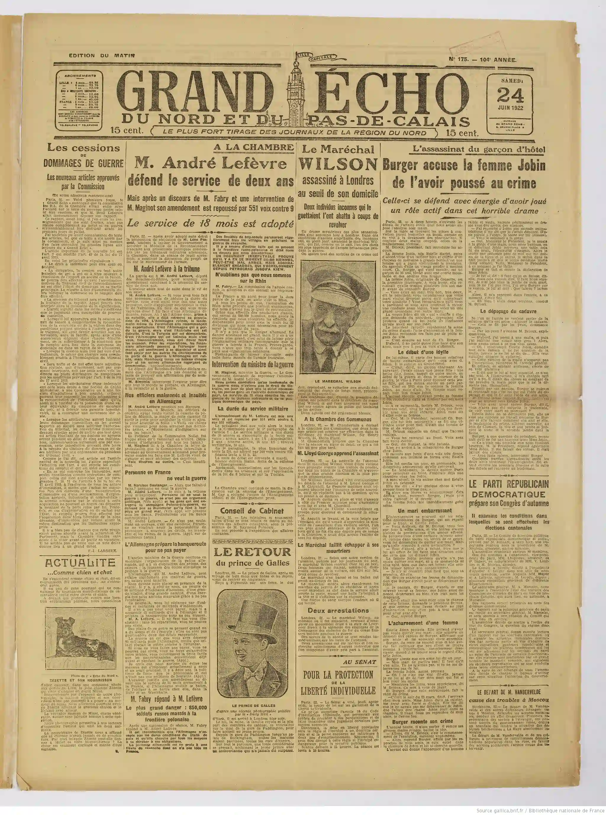 Le Grand écho du Nord édition du 24 juin 1922 la une1 05