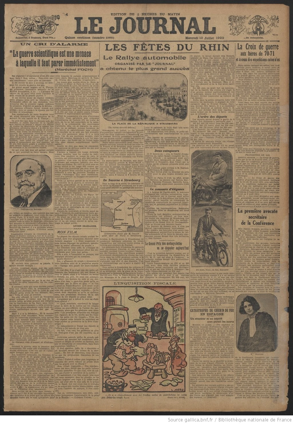 Le Journal édition du 12 juillet 1922 la une Jeanne Rospars secrétaire de la conférence avocate P1