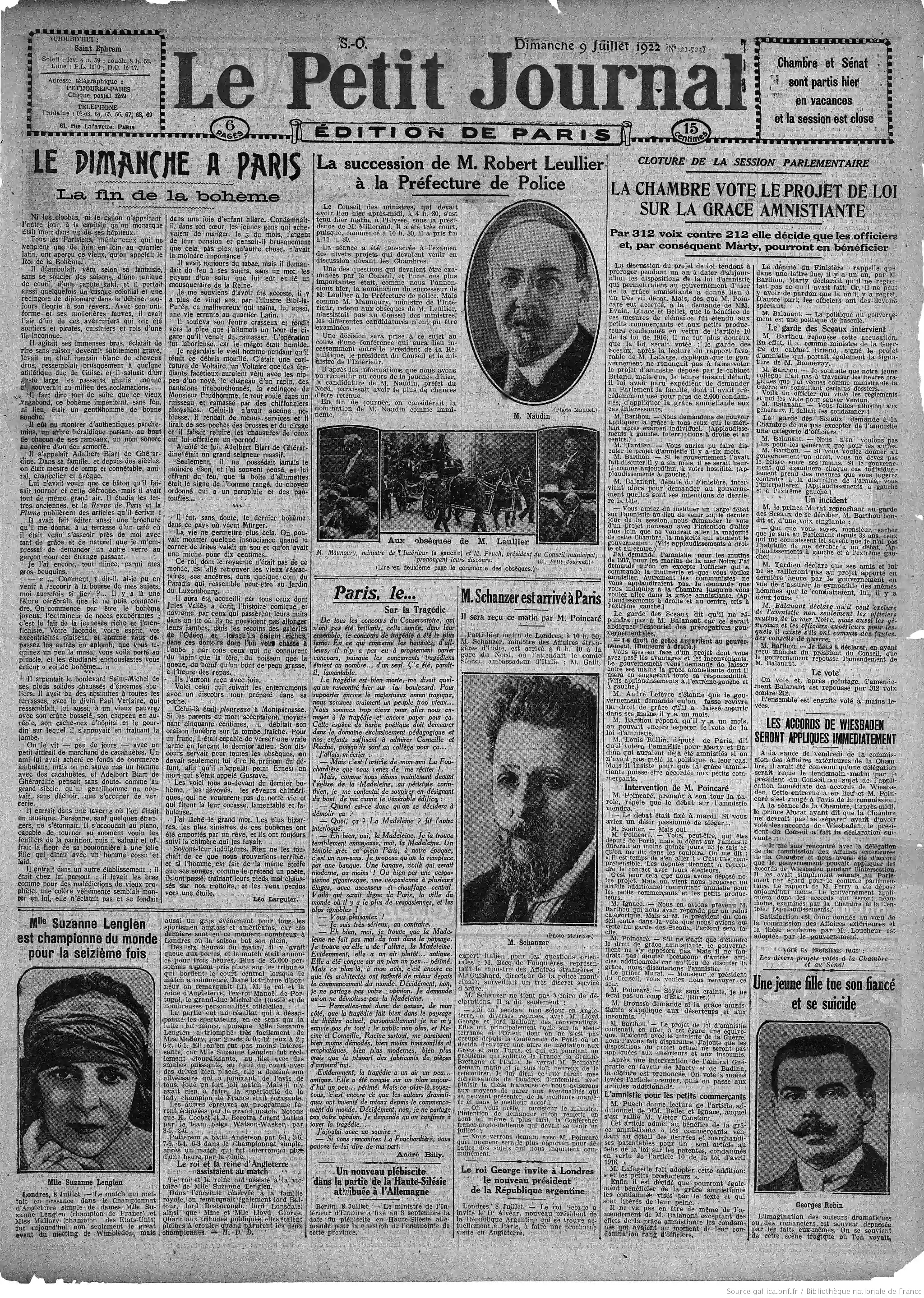 Le Petit journal édition du 09 juillet 1922 la une la fin de la bohême P1 05