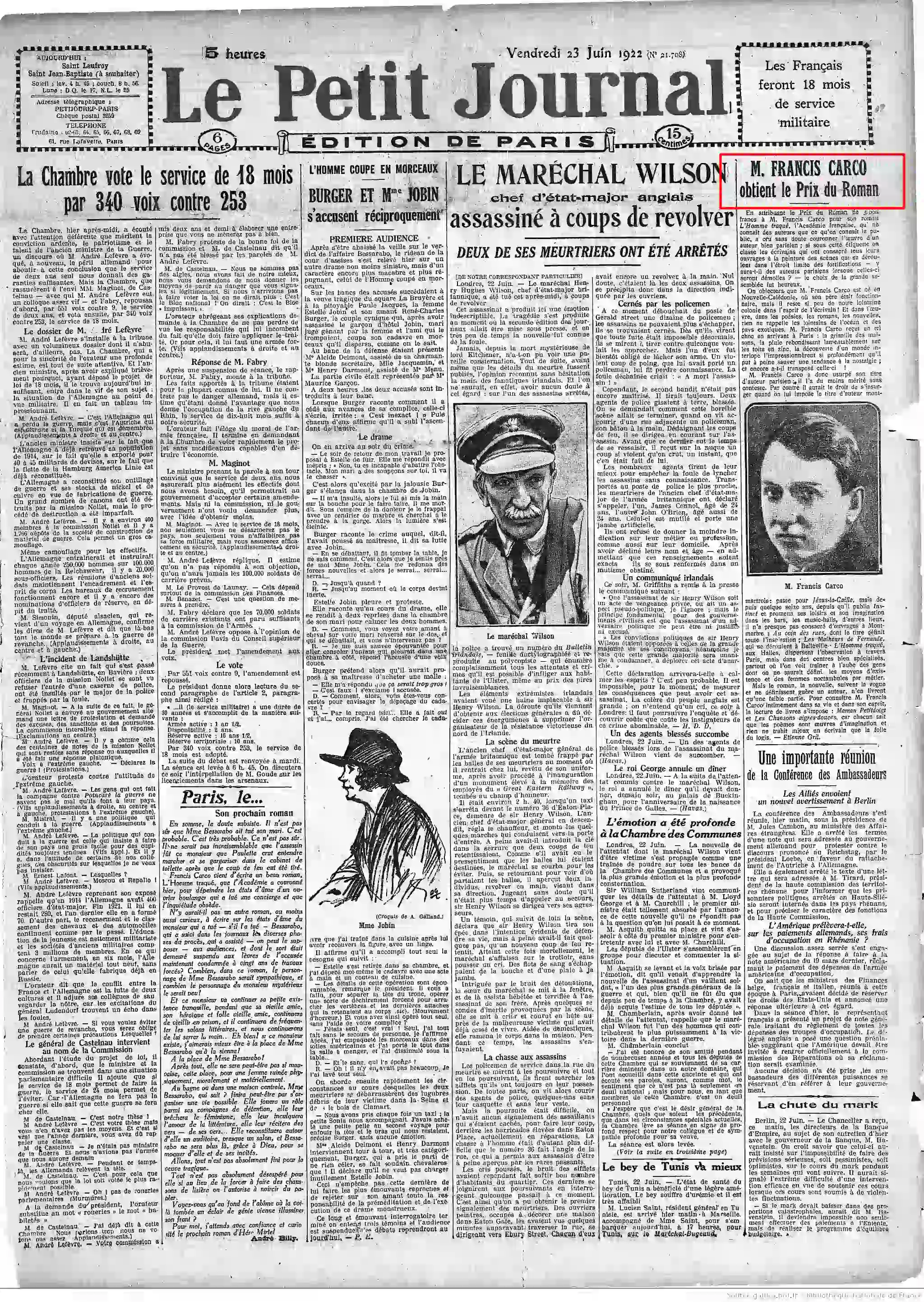 Le Petit journal édition du 23 juin 1922 Francis Carco Prix littéraire de l Académie la une page 01 05 1