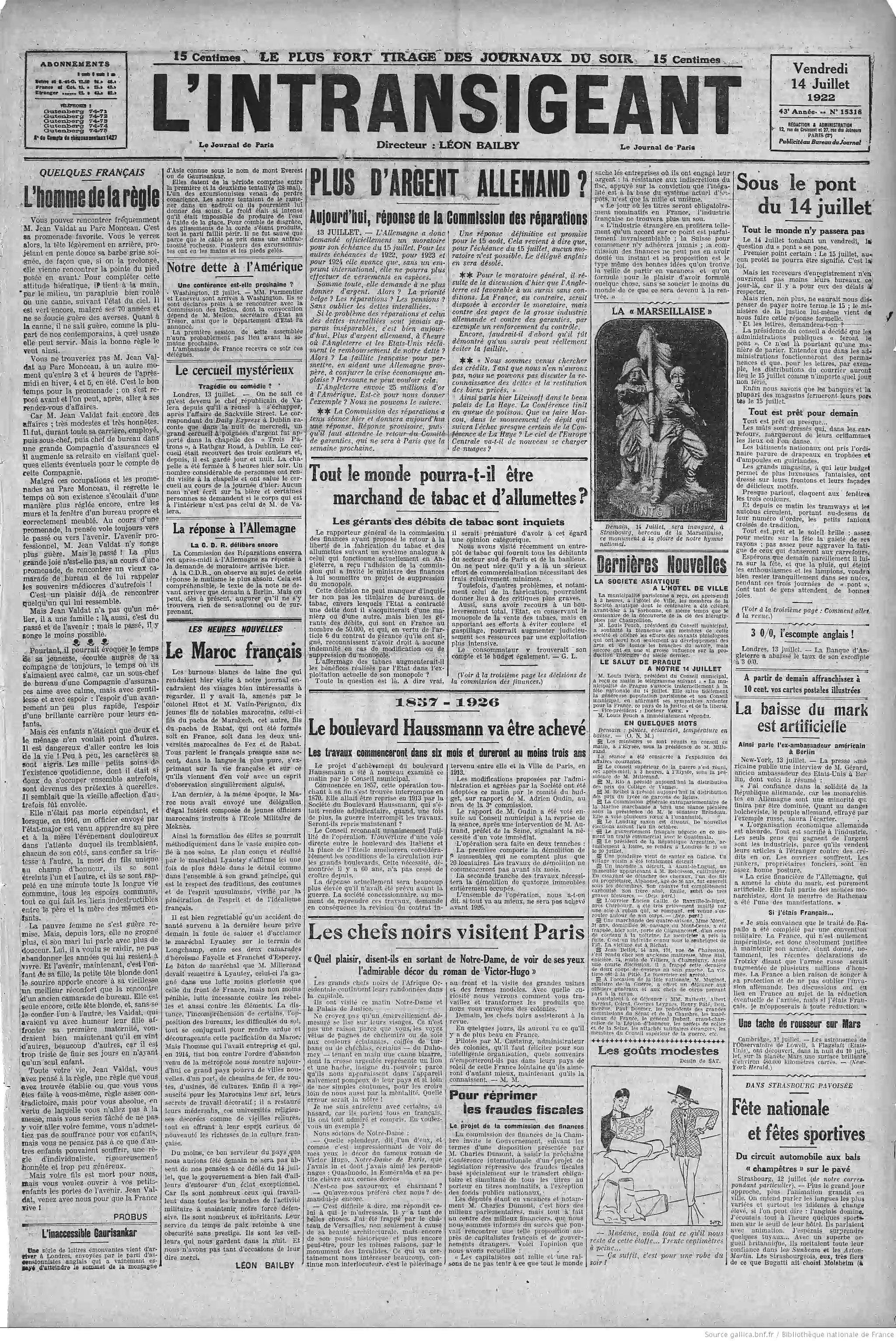 L Intransigeant édition du 14 juillet 1922 la une feux du 14 juillet fête nationale la revue P3