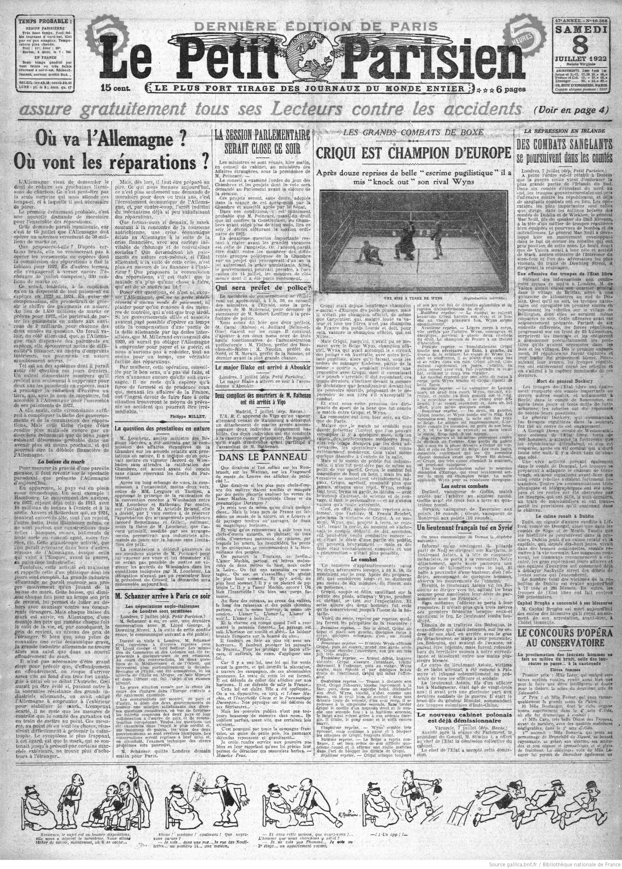 Le Petit Parisien édition du 08 juillet 1922 la une Dans le panneau P1 05