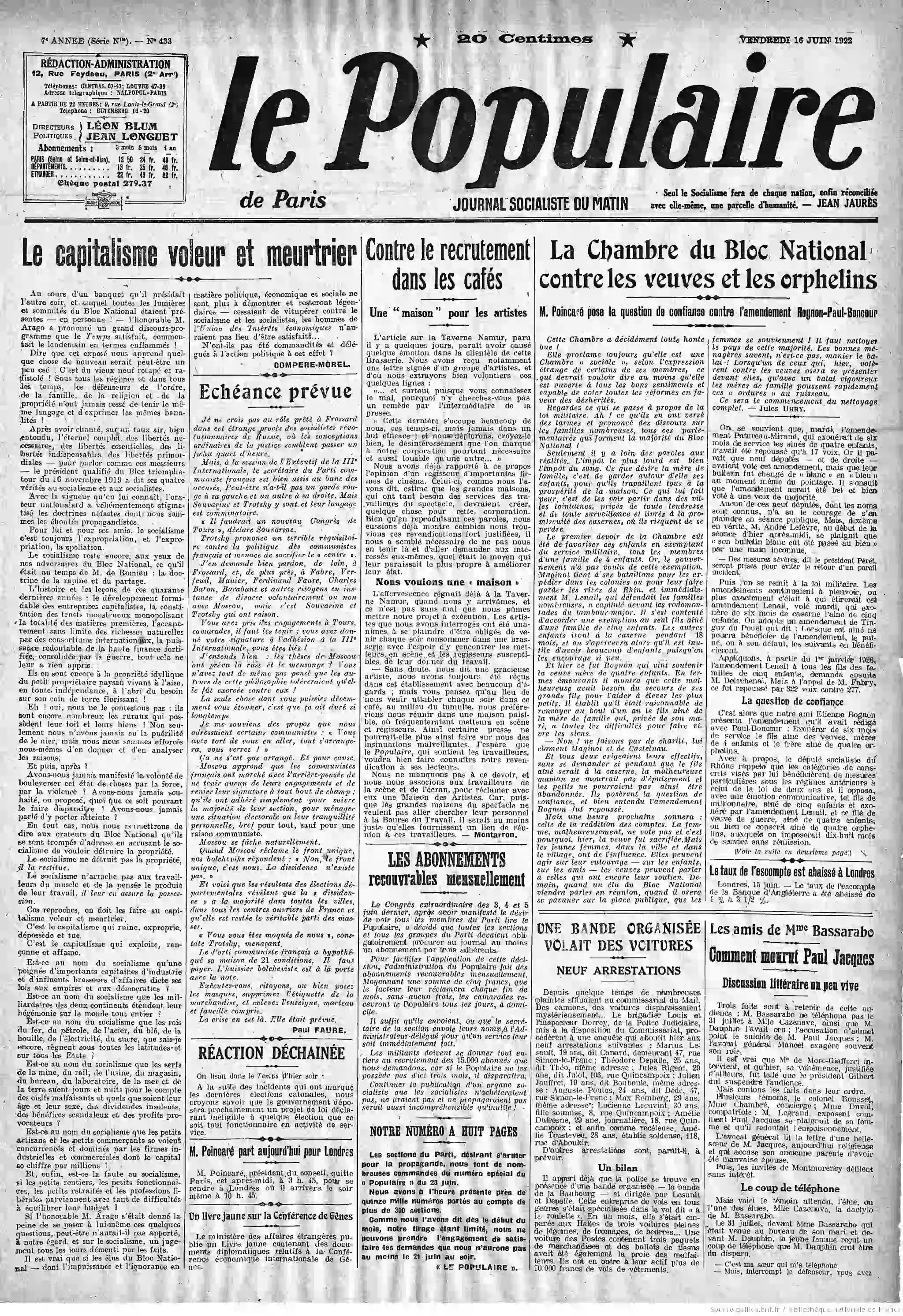 Le Populaire journal hebdomadaire du 16 juin 1922 capitalisme meurtrier la une