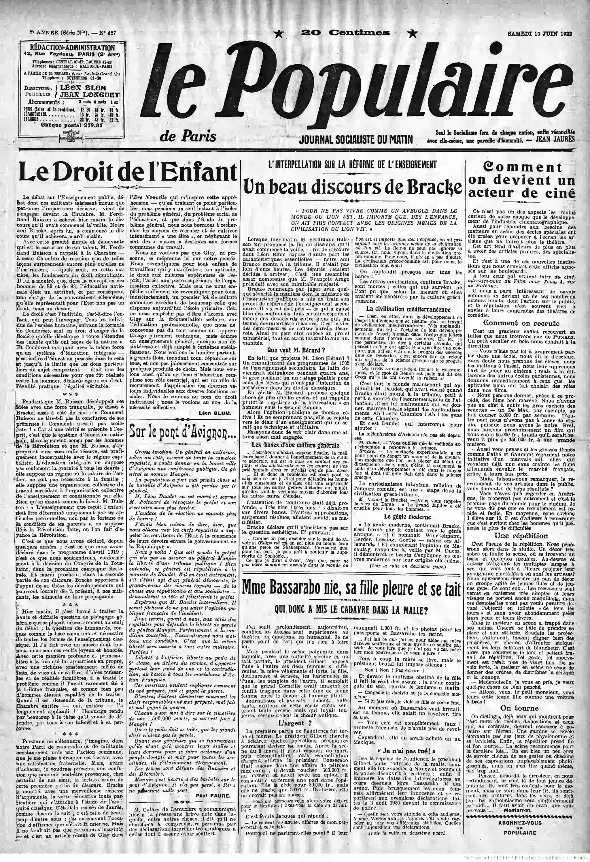 Le Populaire journal édition du 10 juin 1922 interpellations sur la réforme de l enseignement page 05