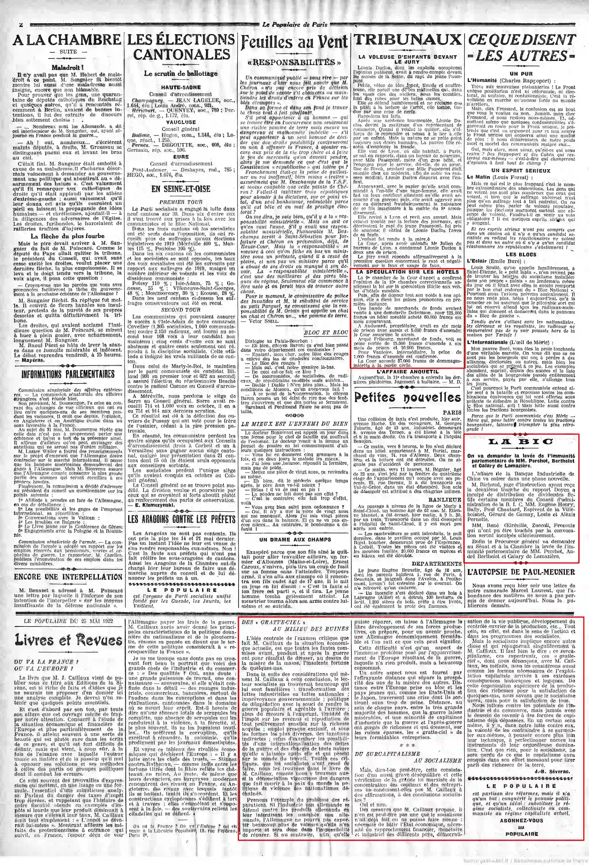 Le Populaire du 25 mai 1922 spéculation sur les hôtels