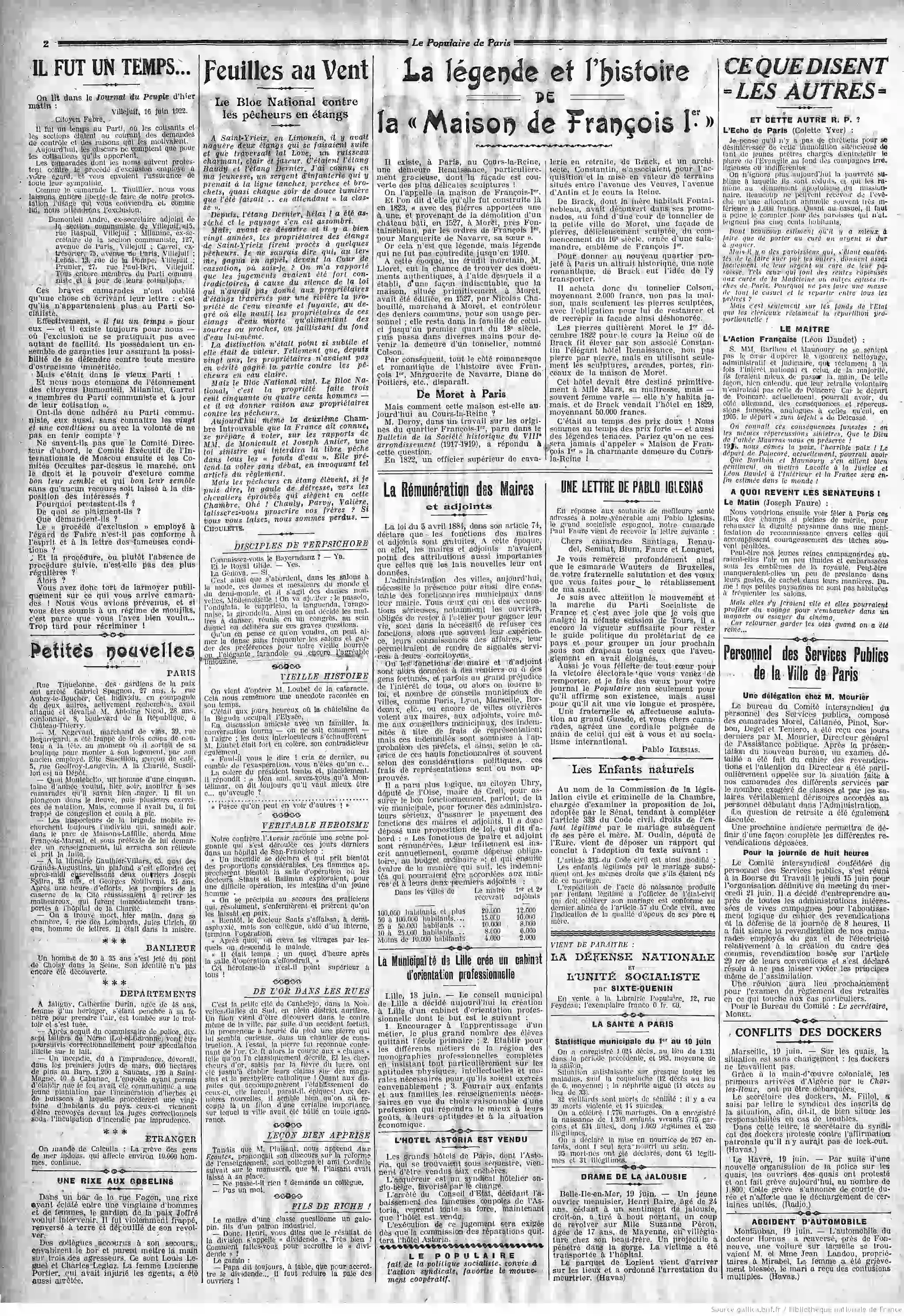 Le Populaire journal revue du 20 juin 1922 rémunération des maires page2 01
