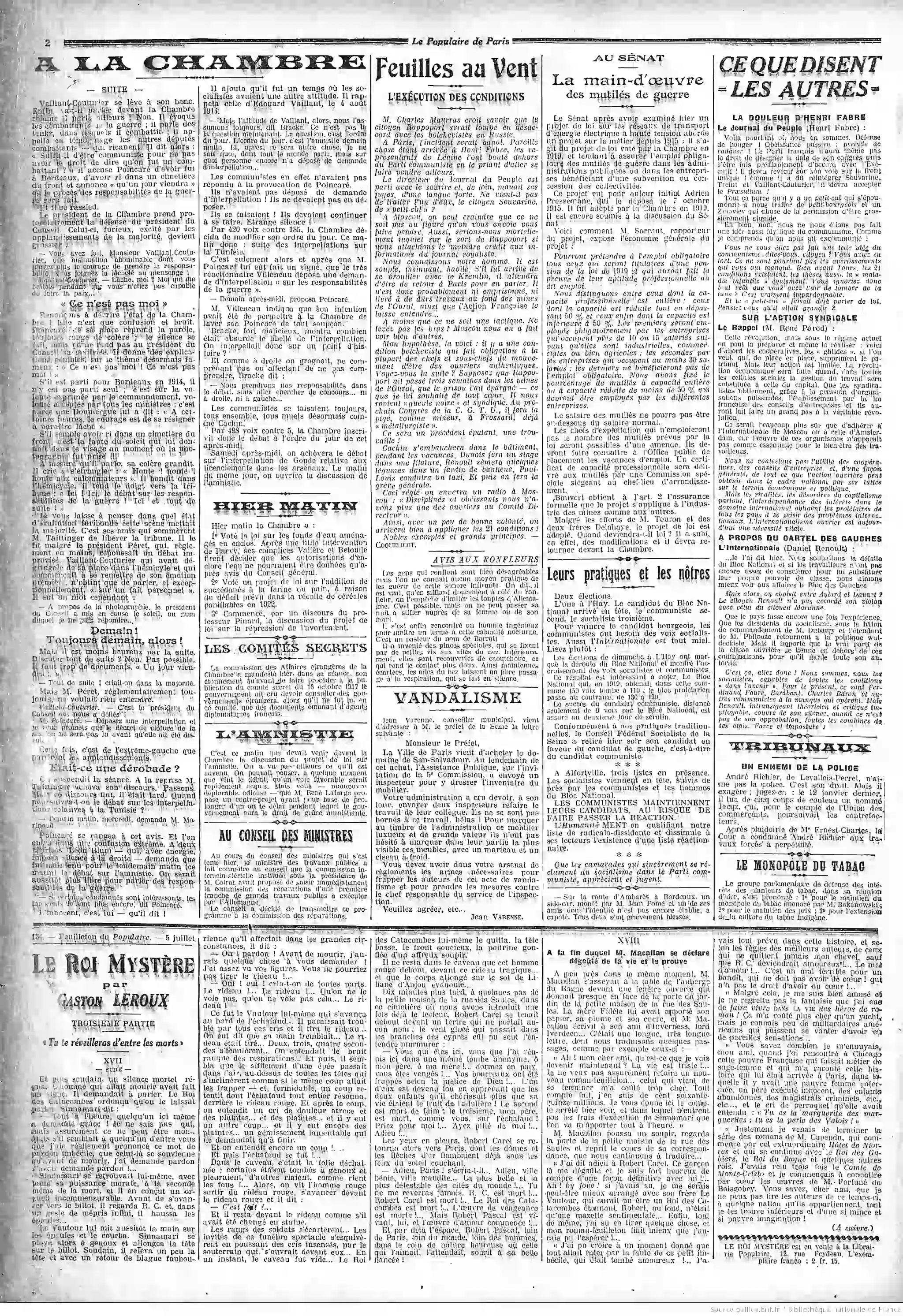 Le Populaire édition du 05 juillet 1922 la page vandalisme P2 05