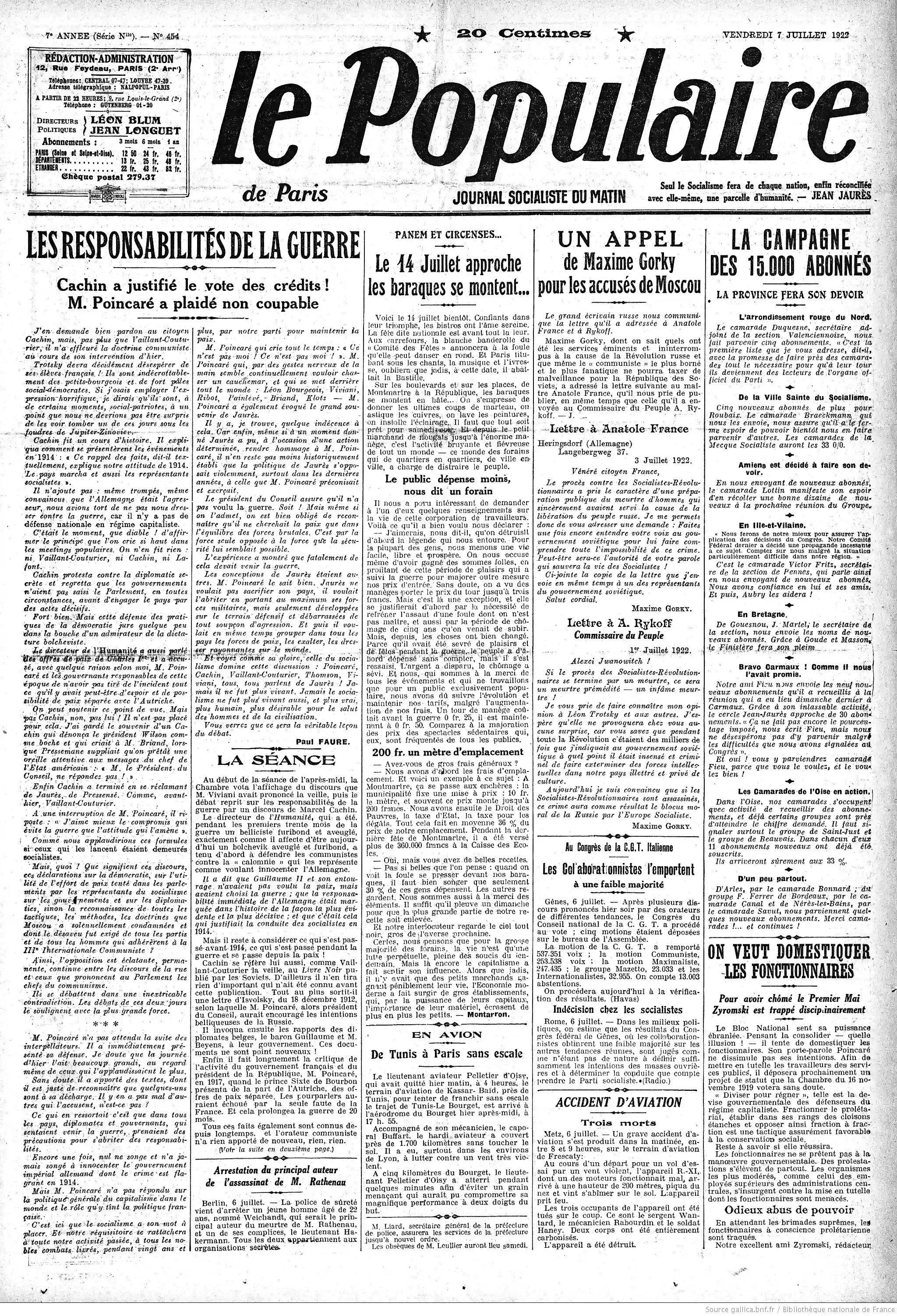 Le Populaire édition du 07 juillet 1922 la une les fêtes du 14 juillet panem et circenses 1