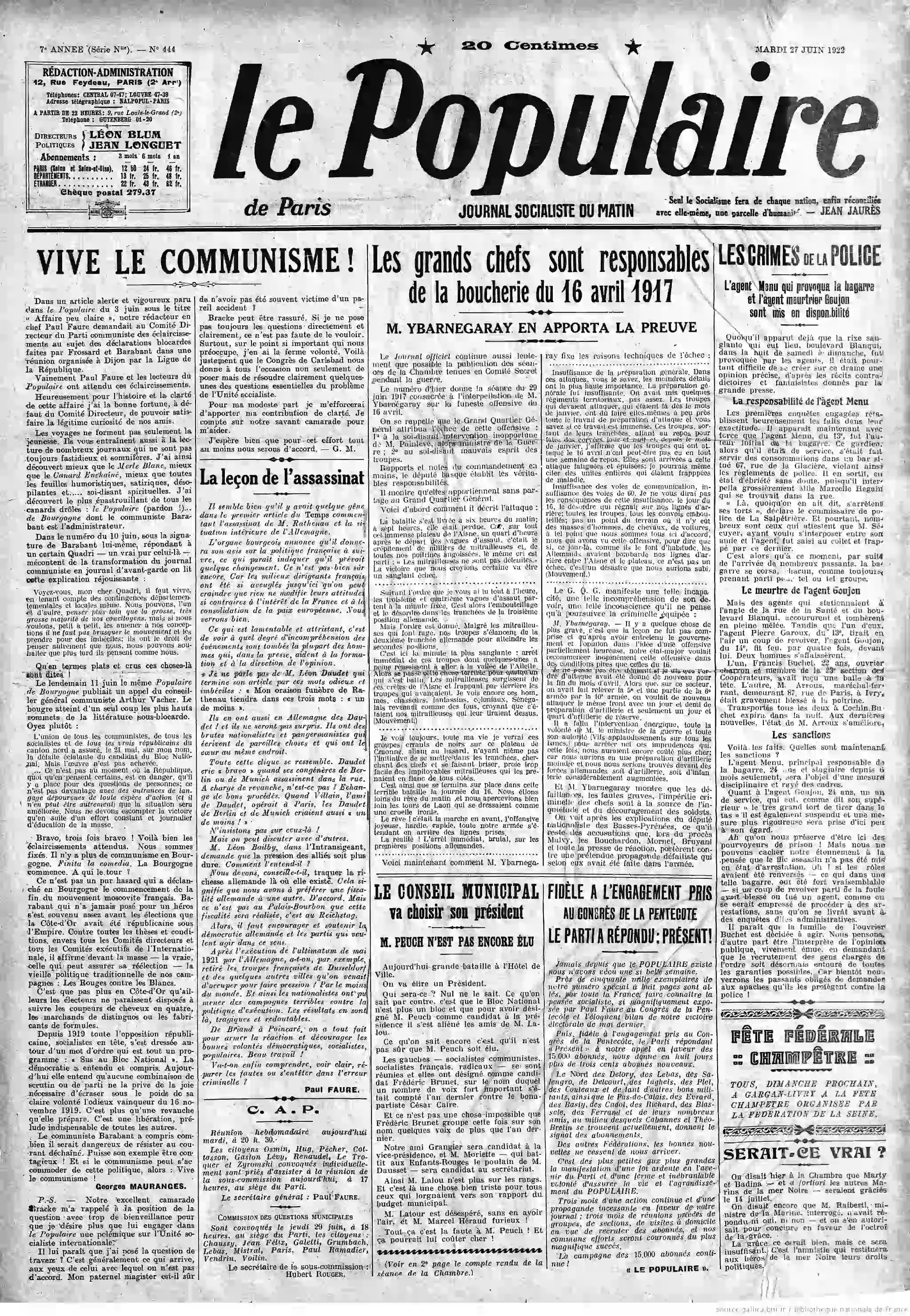 Le Populaire édition du 27 juin 1922 la une la police parisienne 1 05