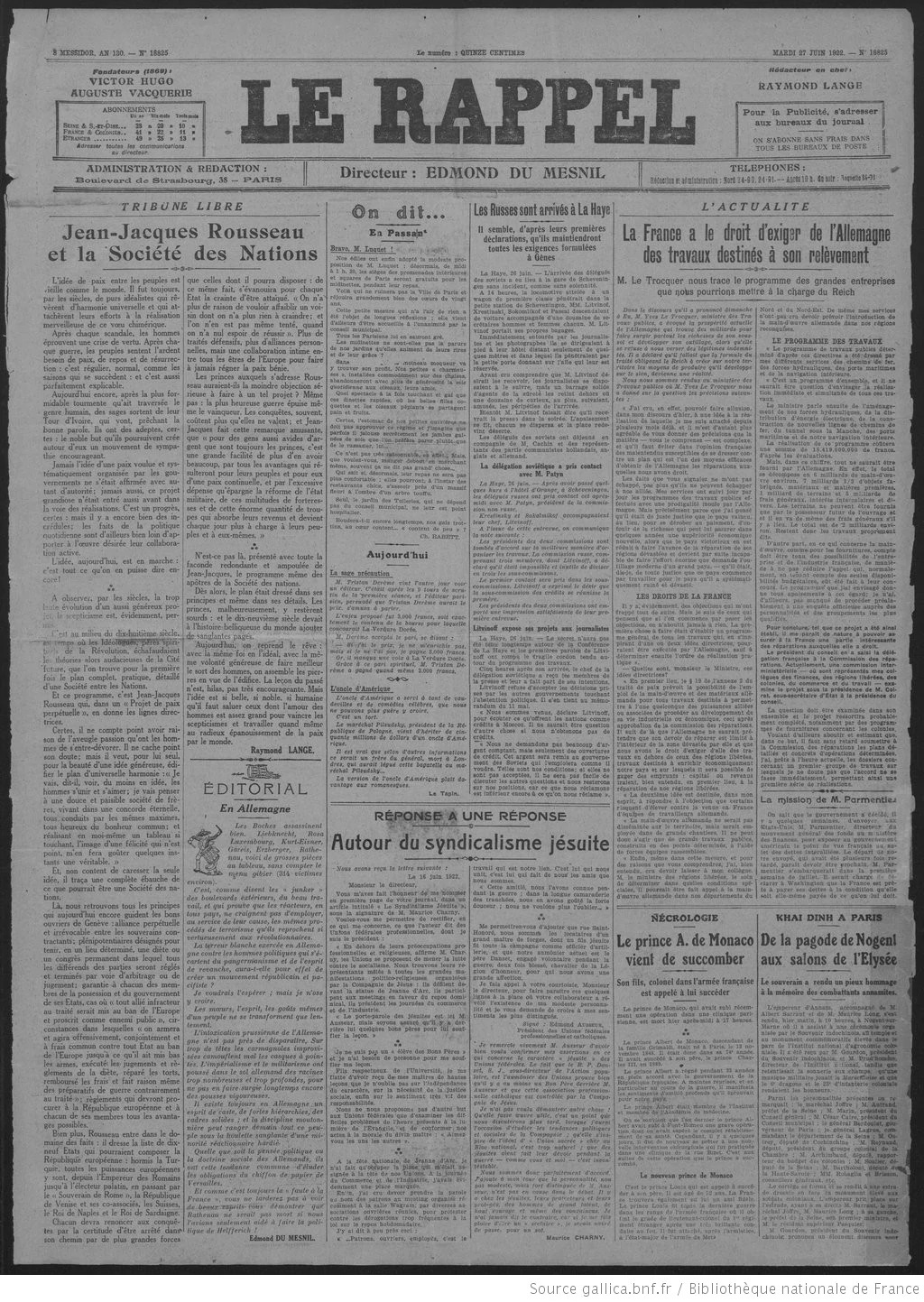 Le Rappel édition du 27 juin 1922 page une Jean Jacques Rousseau et la société des Nations 1 05