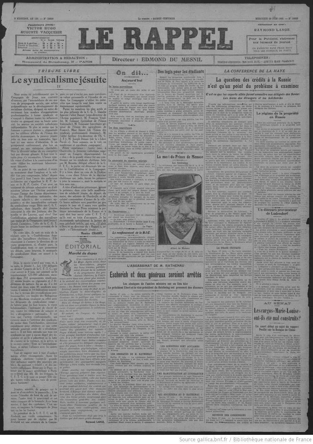 Le Rappel édition du 28 juin 1922 La une des logements pour les étudiants 1 05