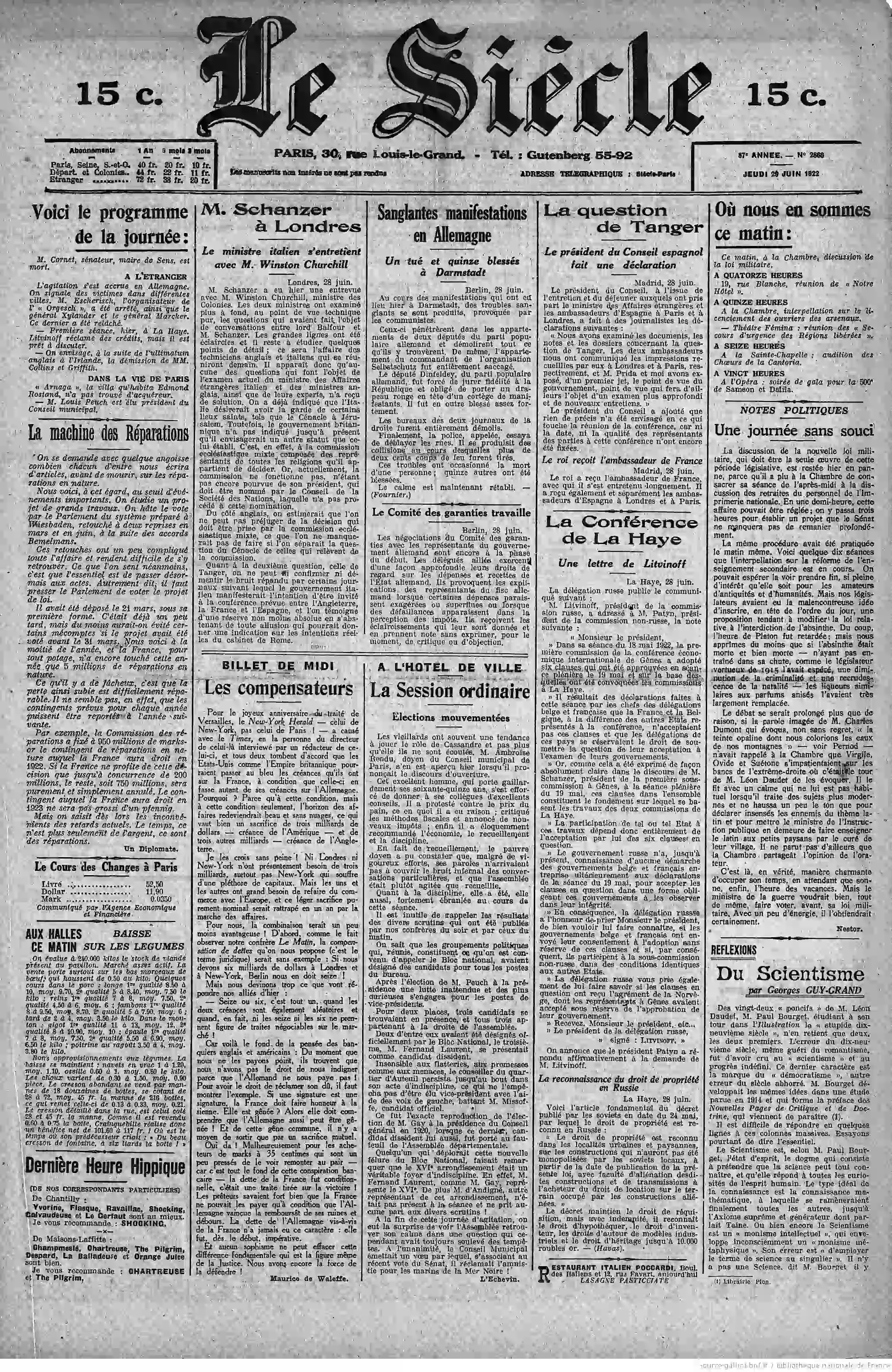 Le Siècle édition du 29 juin 1922 la une élections mouvementées à l Hôtel de Ville Paris 1 05