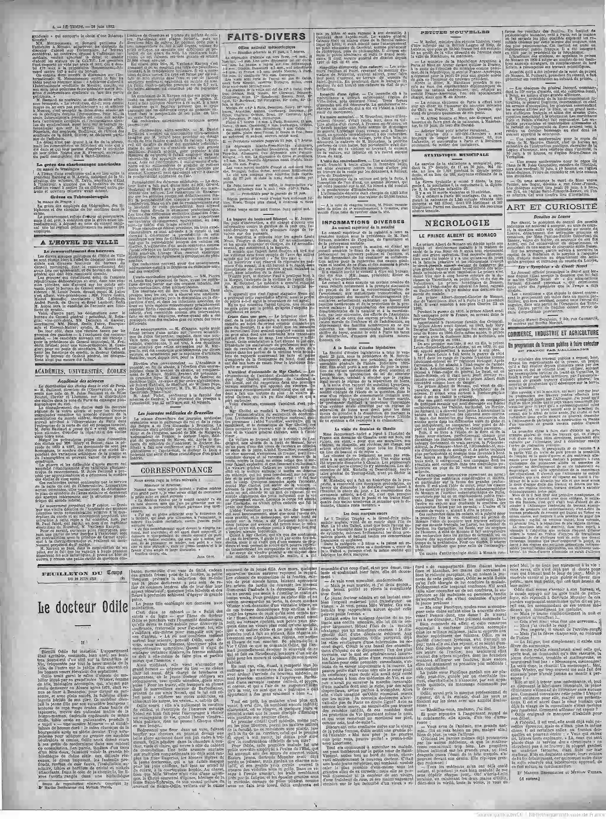 Le Temps édition du 28 juin 1922 page la donation Claude Monet Nymphea 4 05 1