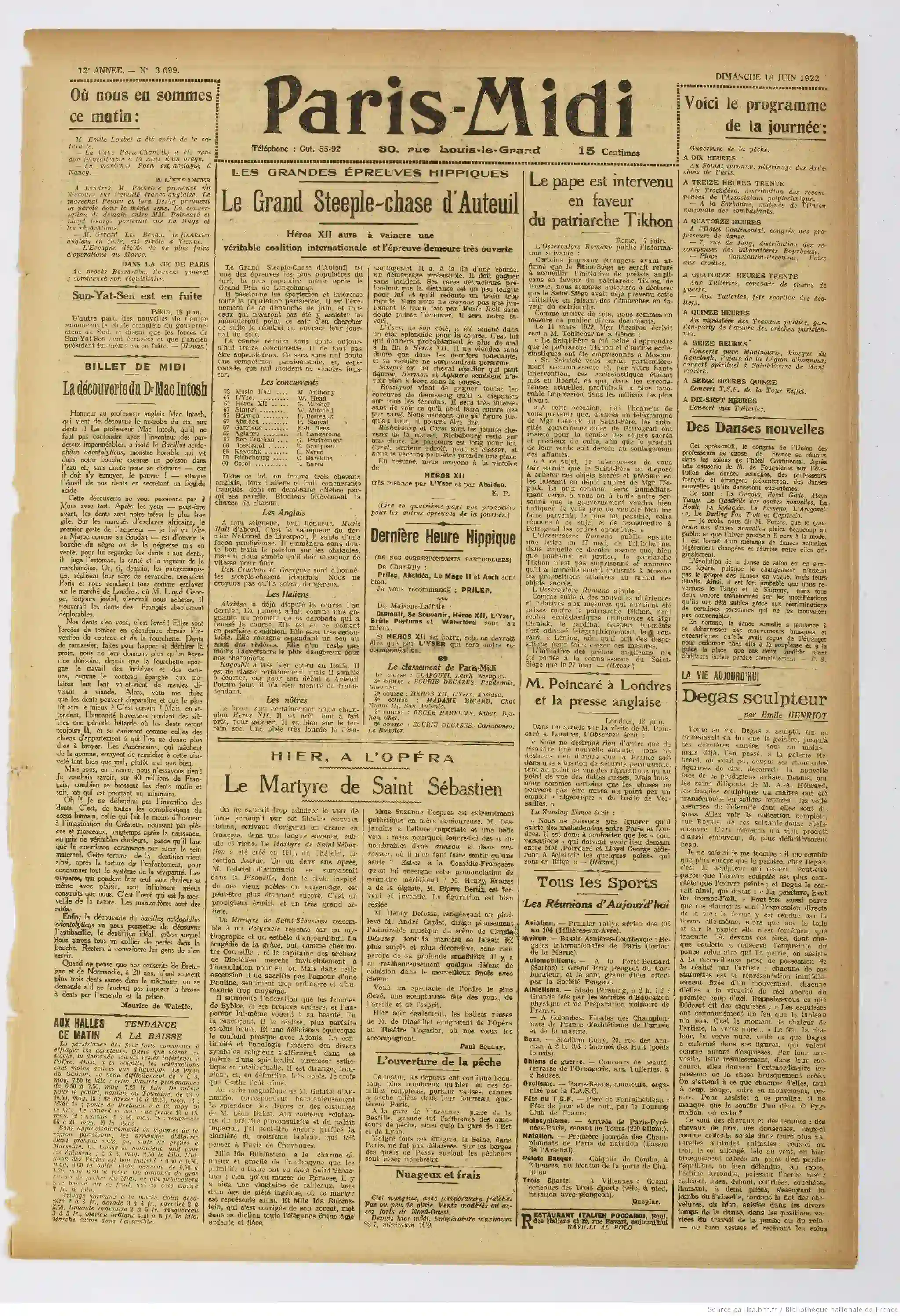 Paris midi journal du 18 juin 1922 découverte du professeur Mac Intosh la une 1 05