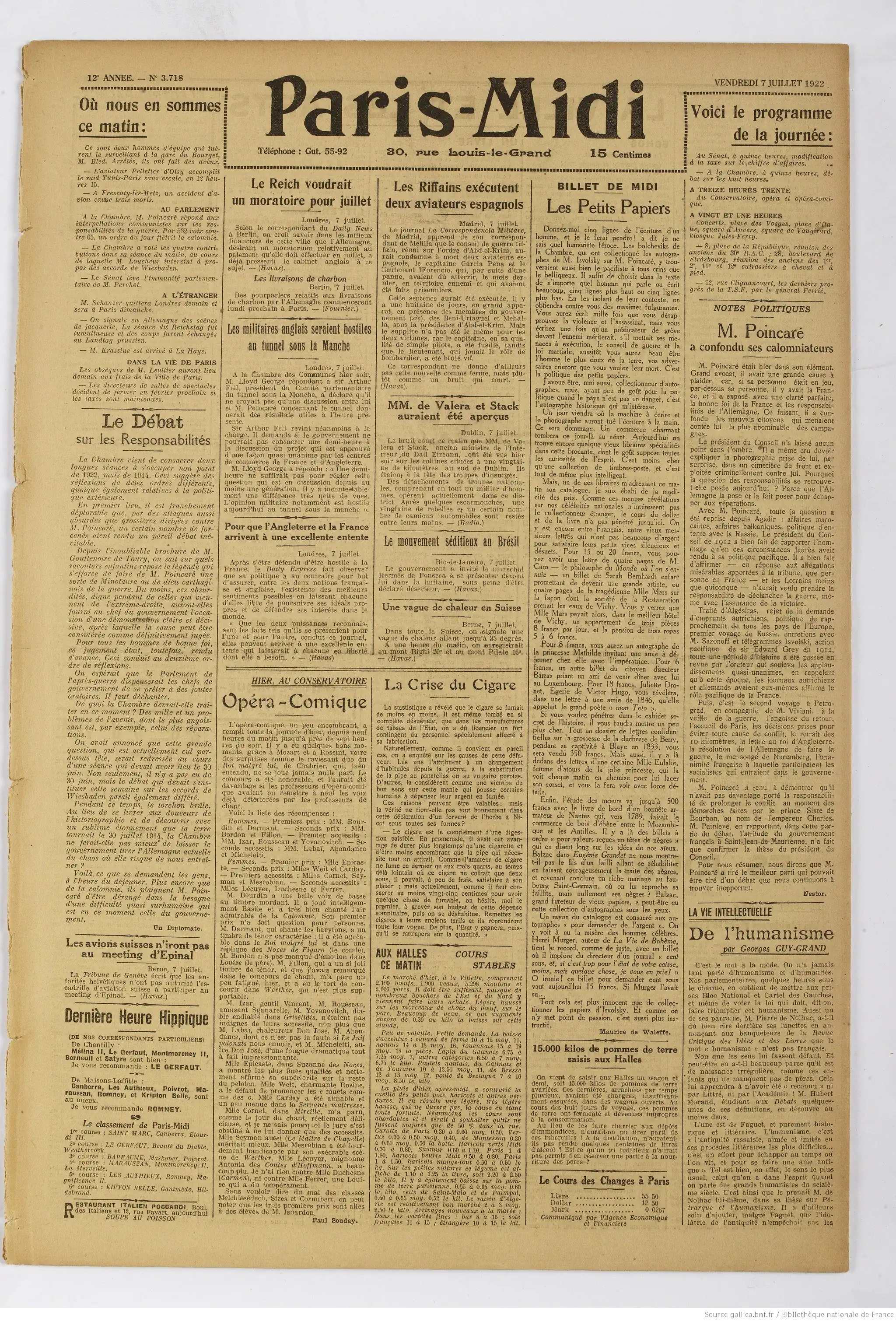 Paris midi édition du 07 juillet 1922 la une 15000 kilos de pommes de terre saisis aux Halles 1