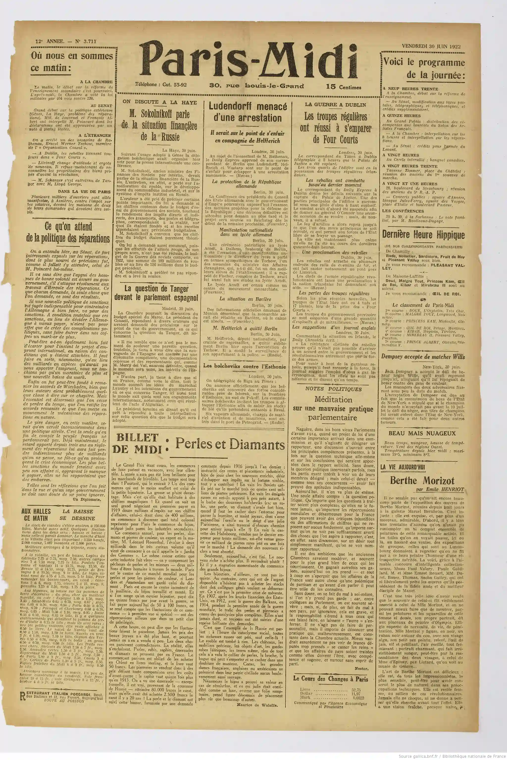 Paris midi édition du 30 juin 1922 la une les pierres précieuses 1 05