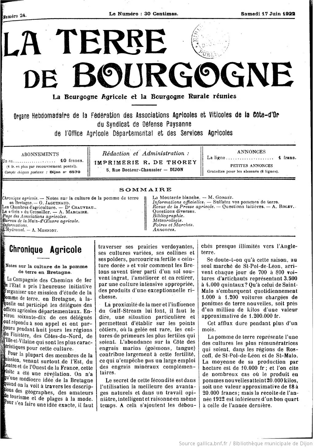 La Terre de Bourgogne du 17 juin 1922 culture de la moutarde une 05