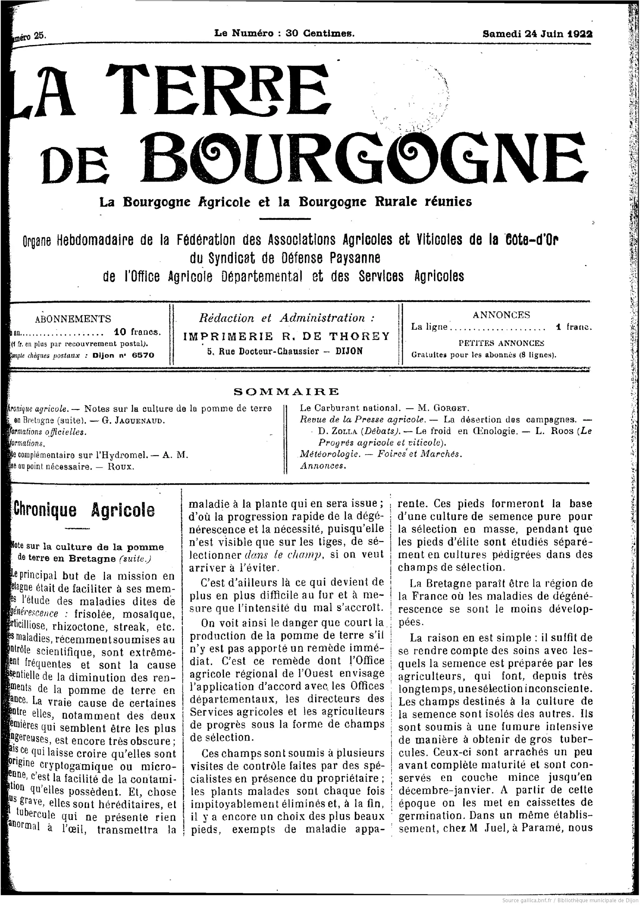 La Terre de Bourgogne édition du 25 juin 1922 page une les bio carburants cent ans plus tôt 05 05