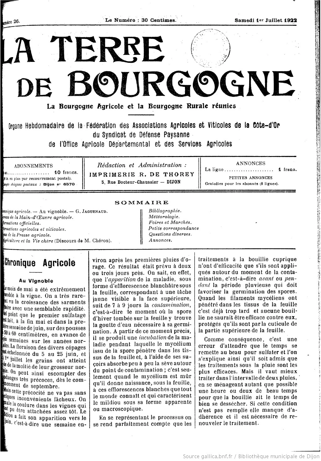 La Terre de Bourgogne édition du 01 juillet 1922 la une le mildiou et la bouille bordelaise 1 05