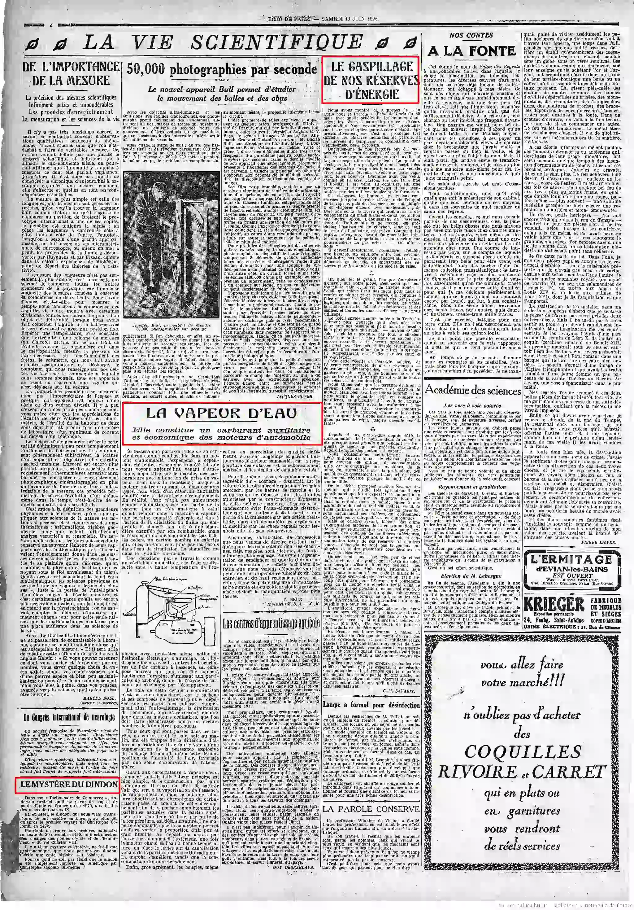 L Écho de Paris édition du 10 juin 1922 économiser nos réserves d énergie page