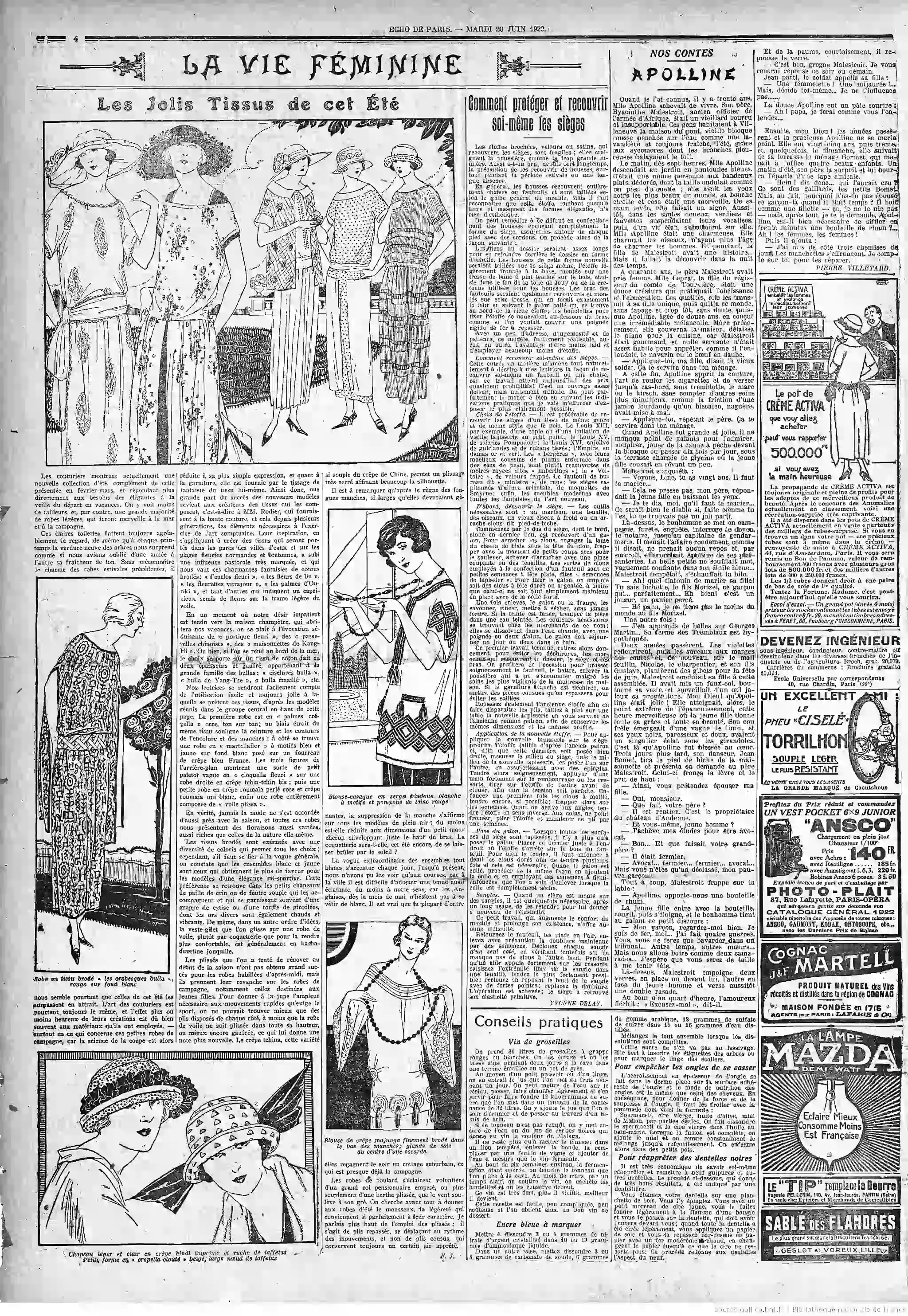 LÉcho de Paris du 20 juin 1922 la tapisserie page 4