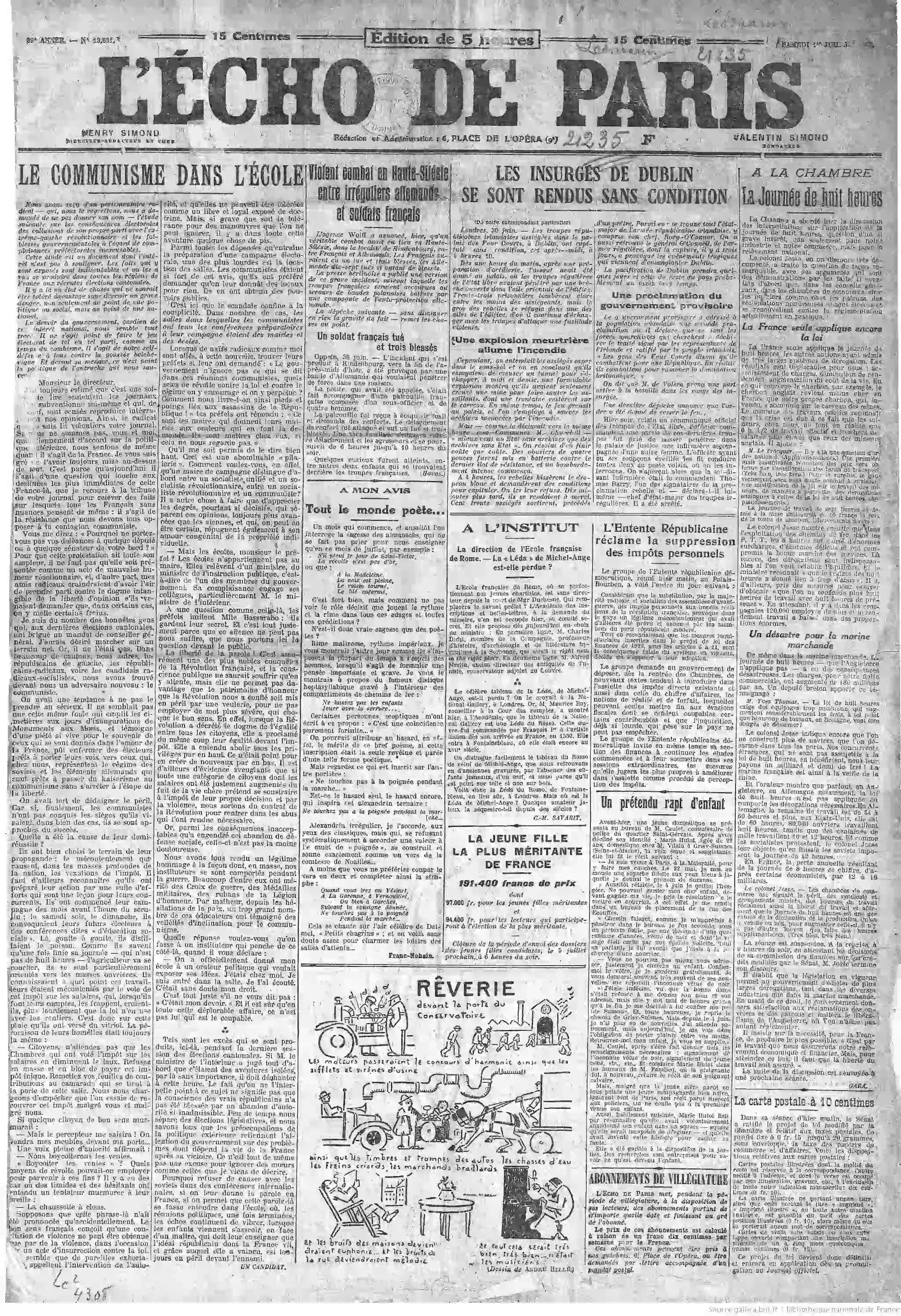 LÉcho de Paris édition du 01 juillet 1922 la une dessin humour rêveries 05