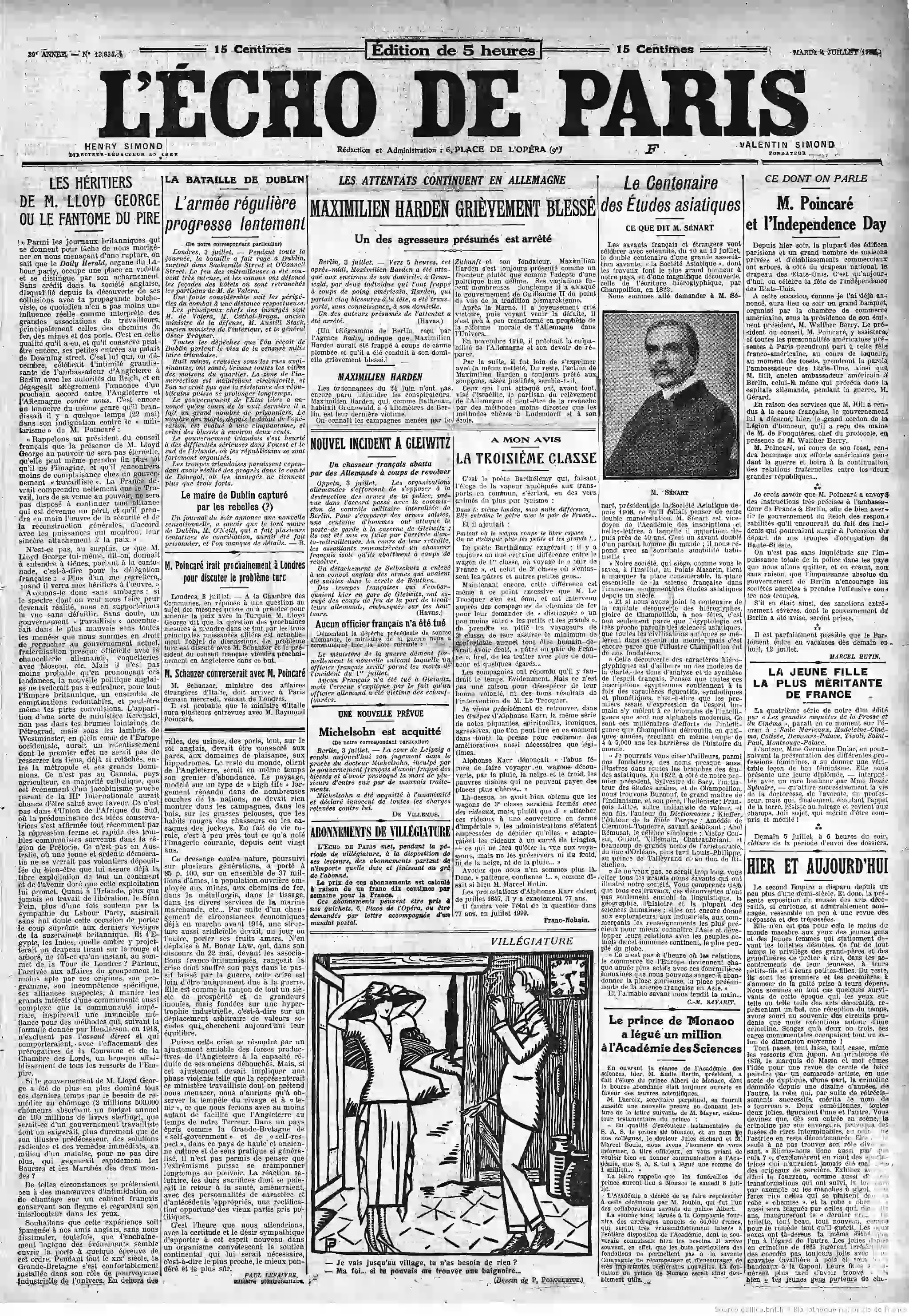 LÉcho de Paris édition du 04 juillet 1922 la une la 3ème classe dans les transports 1 05