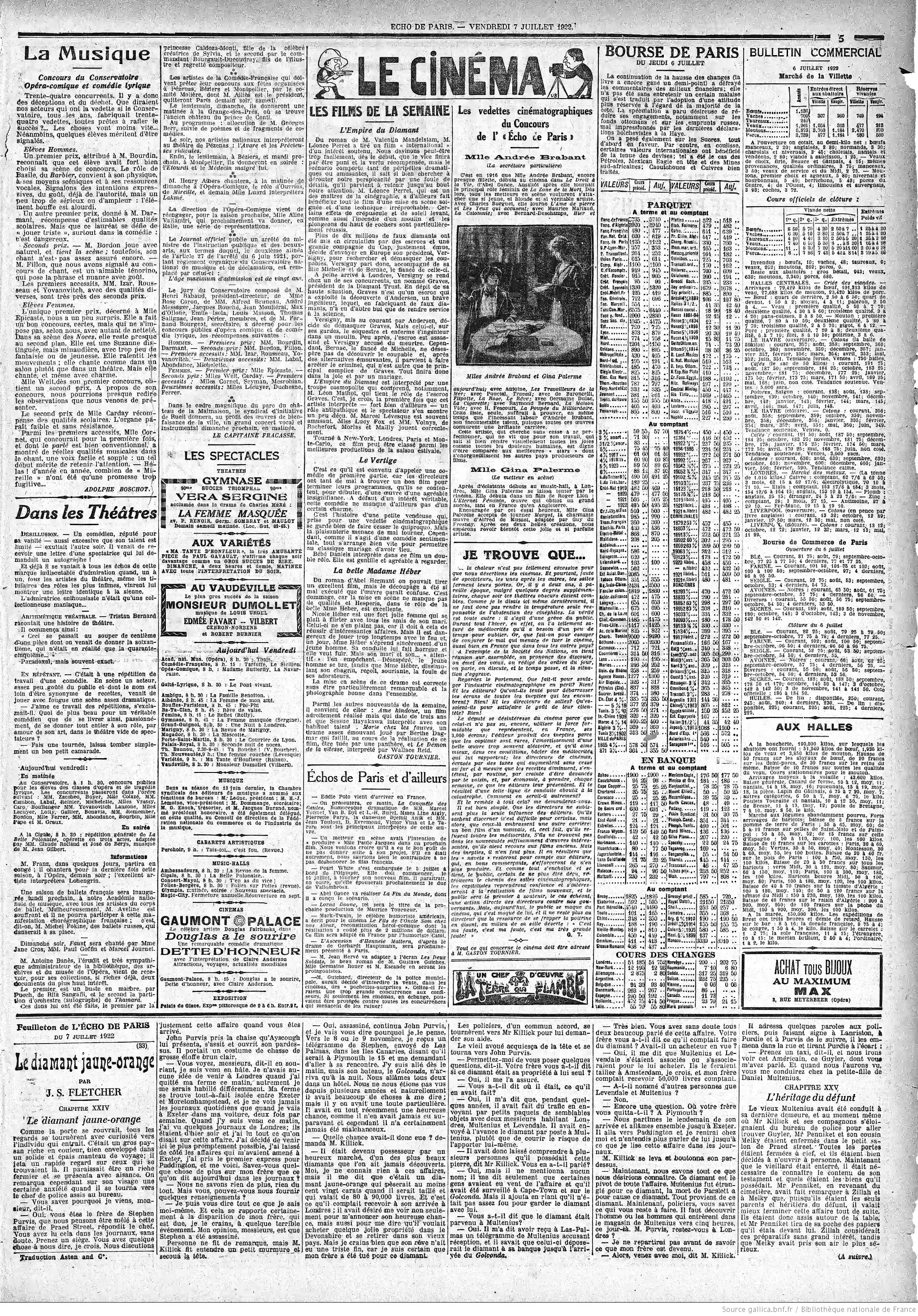 LÉcho de Paris édition du 07 juillet 1922 la page les salles obscures 5