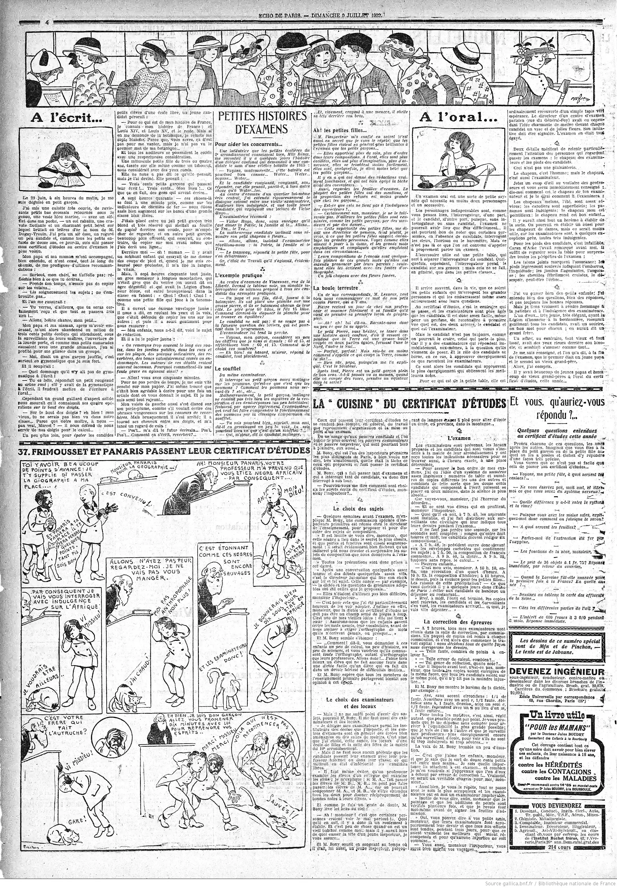LÉcho de Paris édition du 08 juillet 1922 la page du certificat d études P4 05