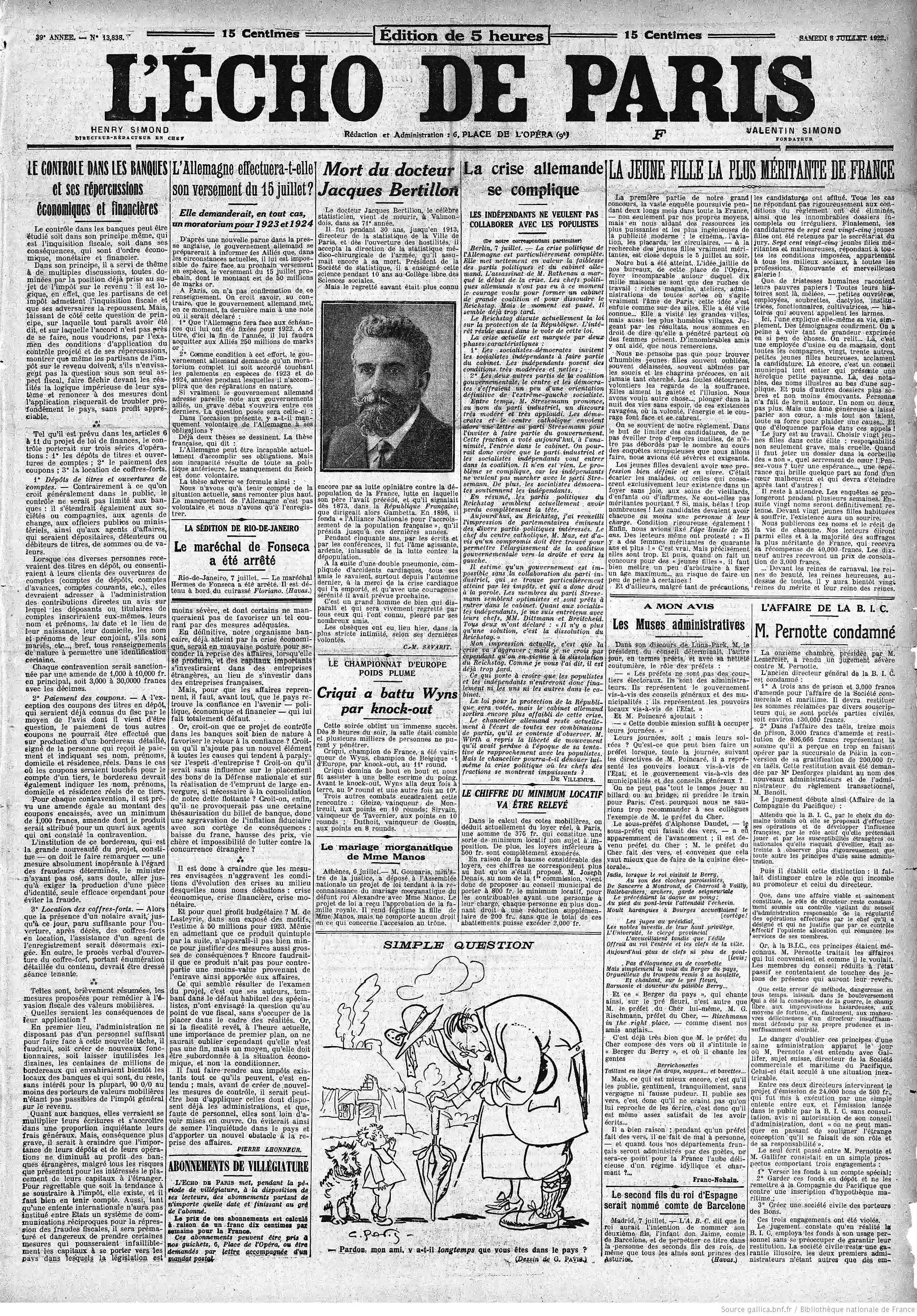 LÉcho de Paris édition du 08 juillet 1922 la une le décès du Docteur Jacques Bertillon P1 05