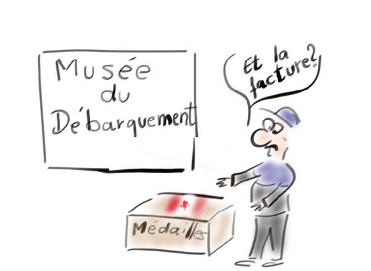 Le dédouanement selon Chronopost qui estime un décor pour honorer les 80 ans du Raid des Canadiens à Dieppe est un élément commerciale. Un employé de Chronopost demande au musée du débarquement une facture pour la livraison des médailles