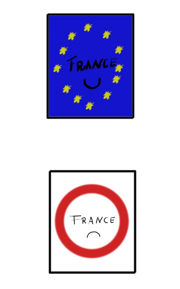 Un dessin qui représente d'un côté le panneau européen souriant de la France, de l'autre le panneau d'interdiction en France triste