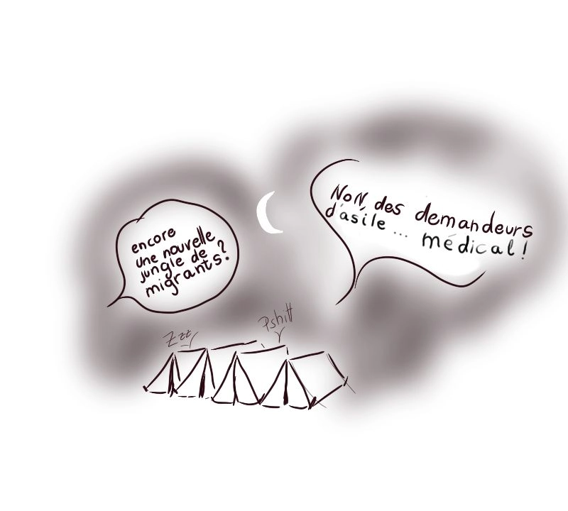 A Evron (Mayenne), une interminable file d'attente pour s’inscrire auprès du nouveau médecin généraliste Le dessin représente plusieurs tentes la nuit, style canadien. Une voix demande : encore une nouvelle jungle de migrants ? Une autre répond : non,des demandeurs d'asile .... médical