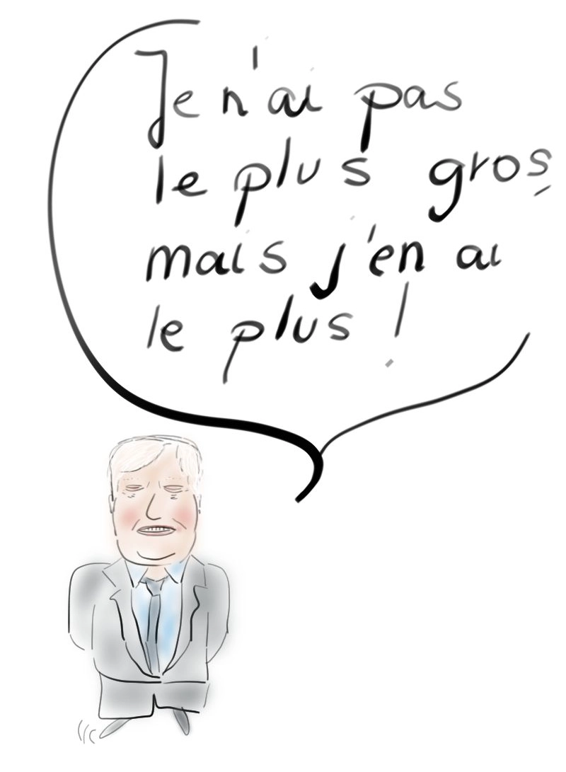 Une caricature représentant, Jean-Marc Philippe, maire de Saint-Contest annonçant fièrement : " je n'ai pas le plus gros, mais le plus" ceci fait référence au plus gros dos d’âne de France qui se trouve à Longueuil-Sainte-Marie dans l’Oise