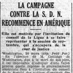 Le Petit Parisien 1926 03 21 La campagne contre la S. D. N. recommence en Amérique